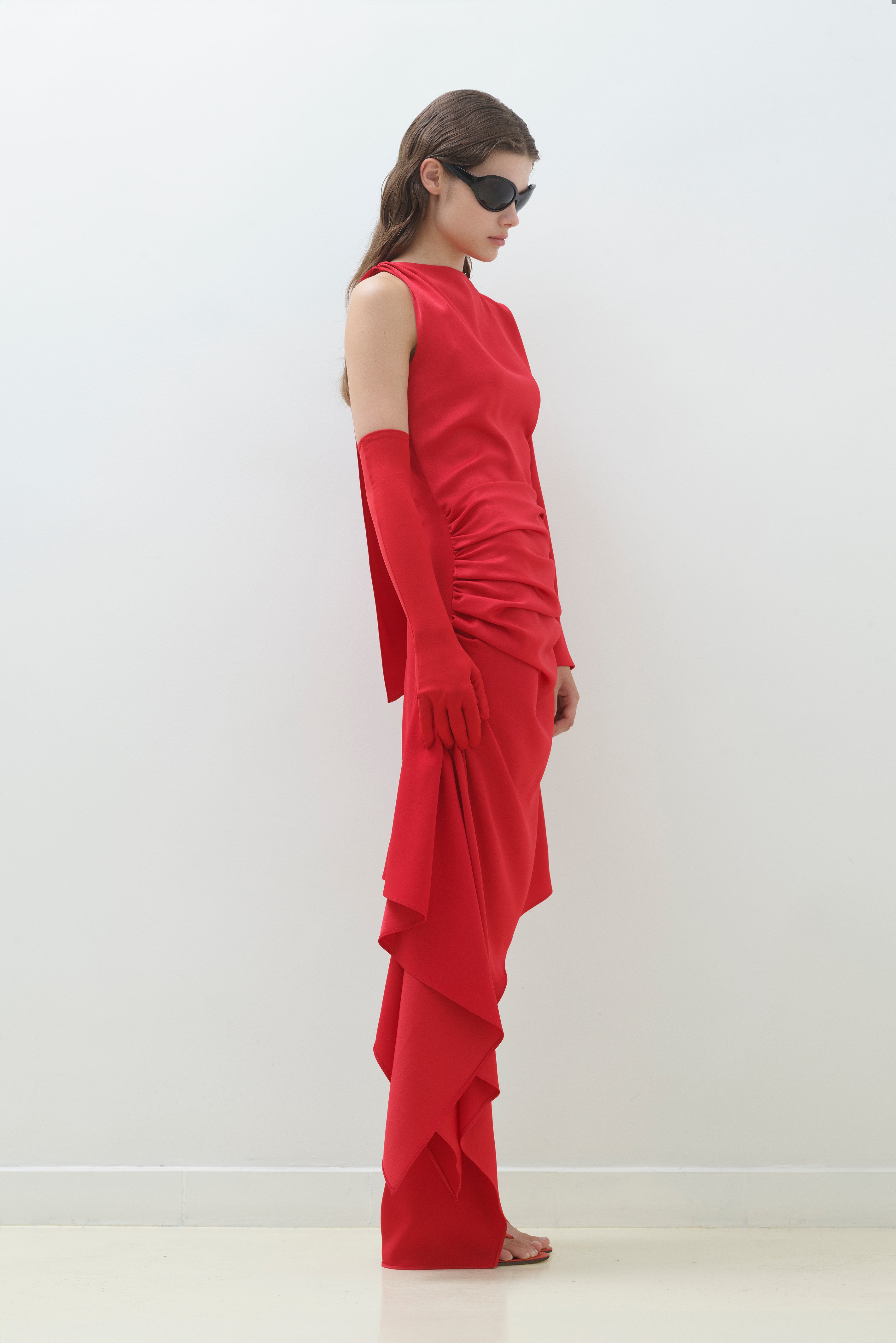 ASYMMETRICAL MAT SATIN DRESS