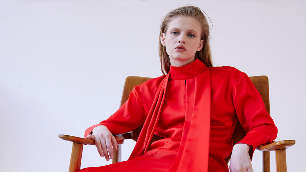 Satin Crepe Long Sleeved Midi Red Dress