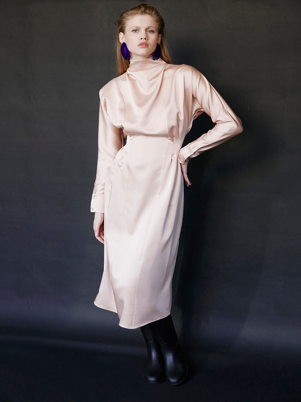 Satin High Collar Beige Midi Dress