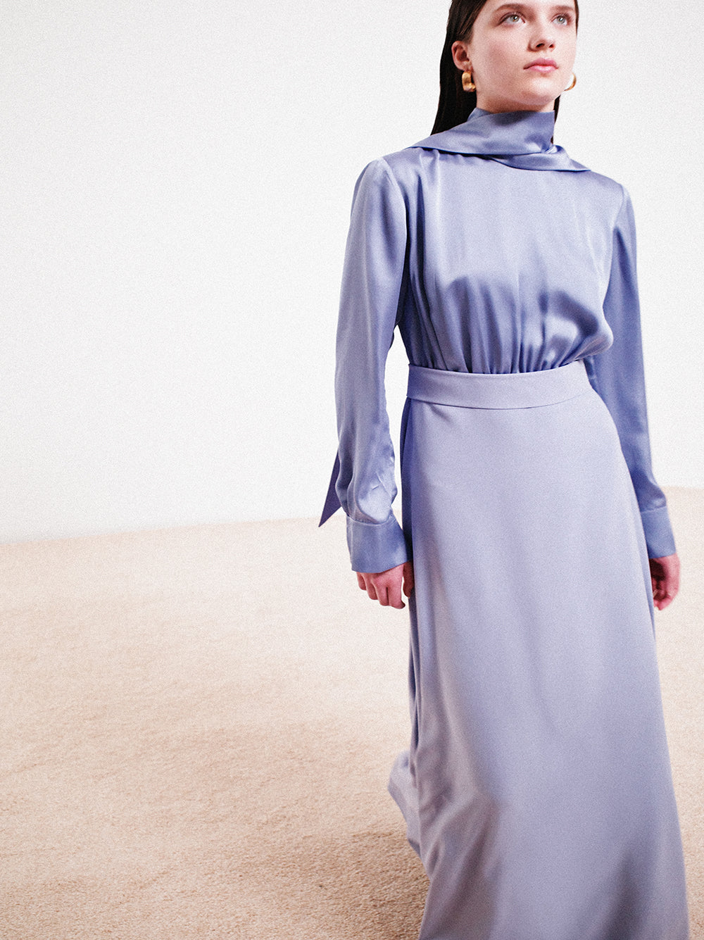 Lilac Satin Long Dress Scarf Detail