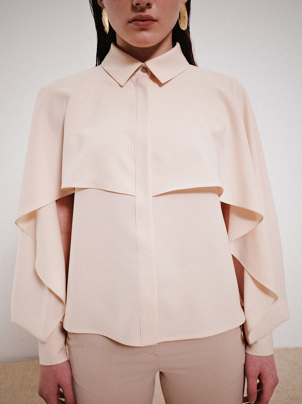 Silky Crepe Beige Shirt Bat-Wing Sleeves