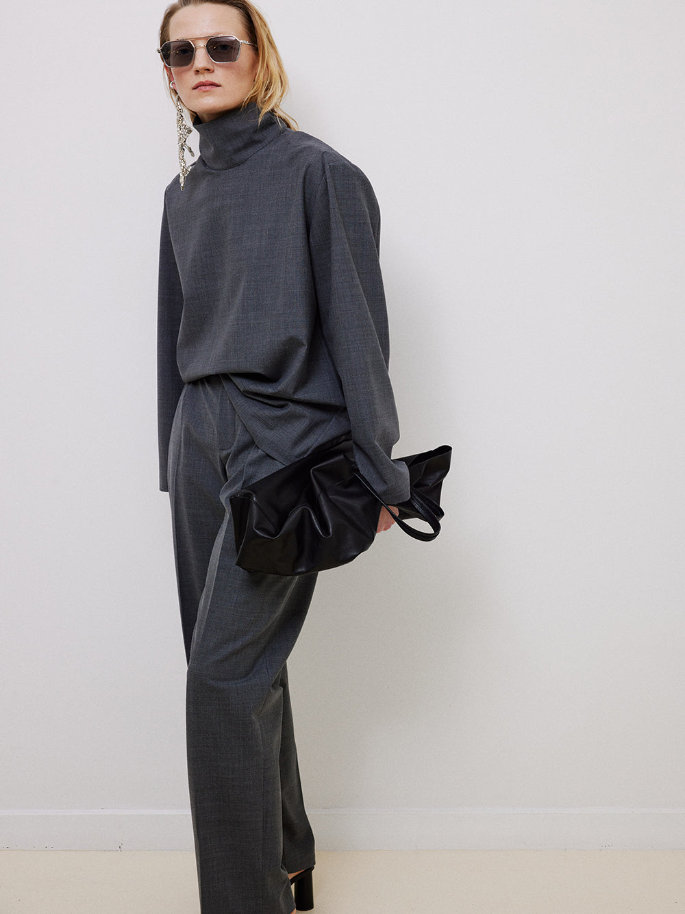 Anthracite High Collar Wool Blouse