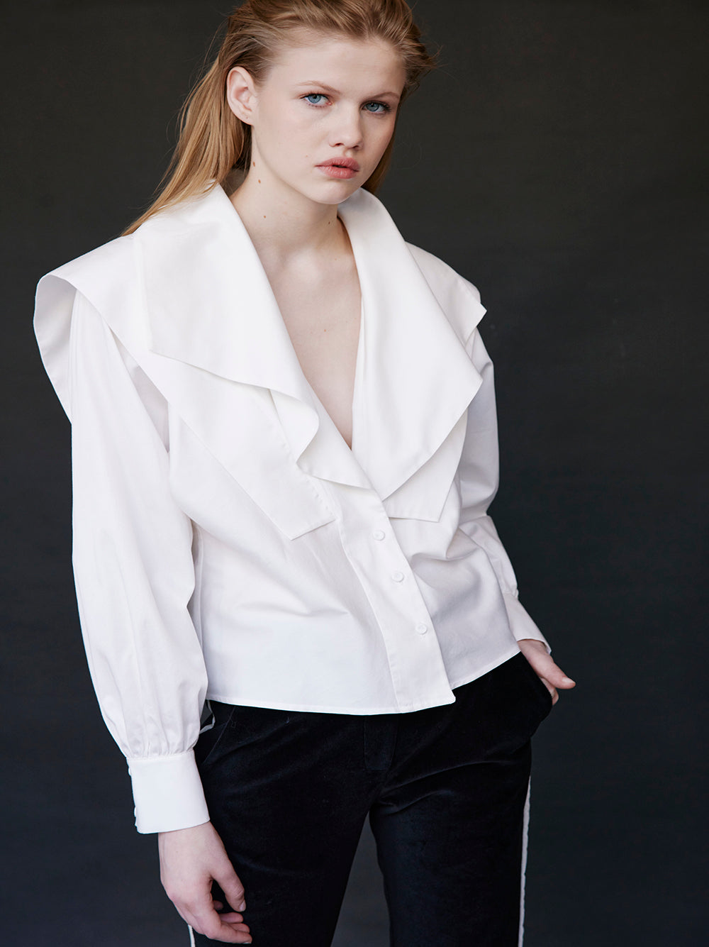 Poplin V Neck White Shirt With Frill Detail