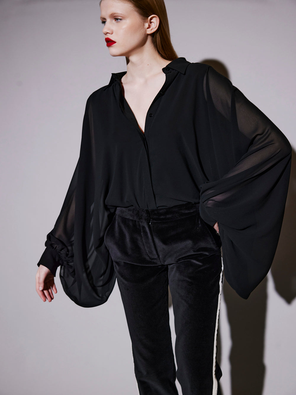 Chiffon Black Shirt With Balloon Sleeves