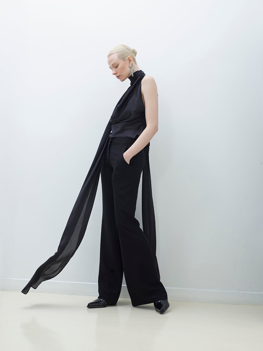 Long-Scarf Detailed Cowl-Neck Blouse