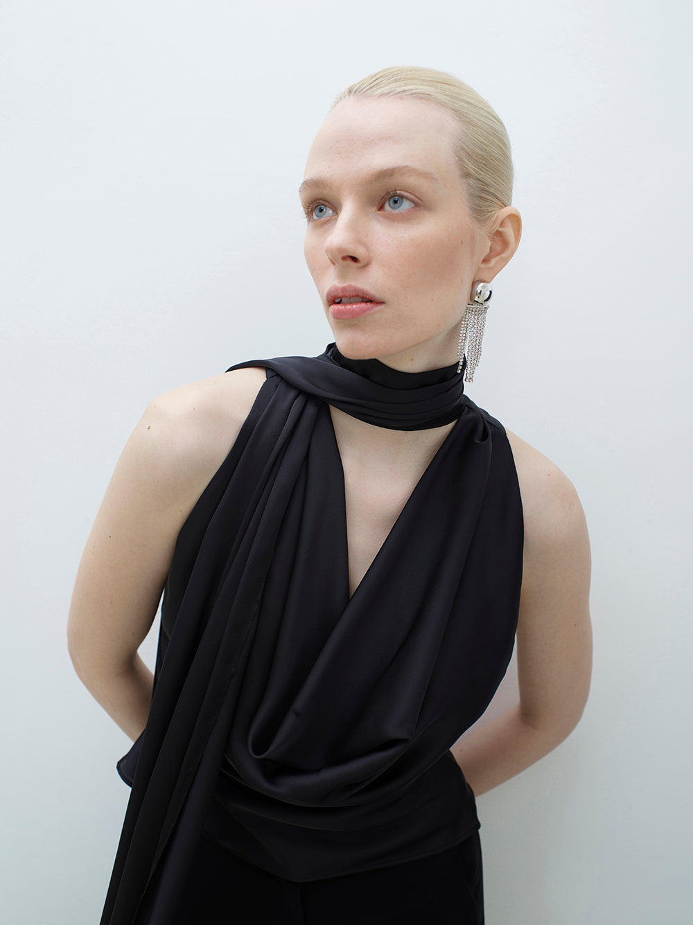 Long-Scarf Detailed Cowl-Neck Blouse