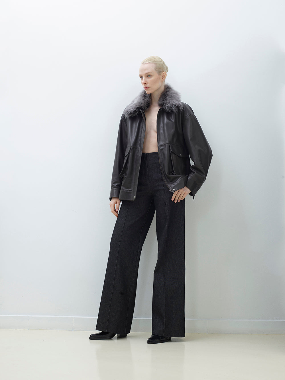 Leather Barn Jacket with Detachable Fur Collar