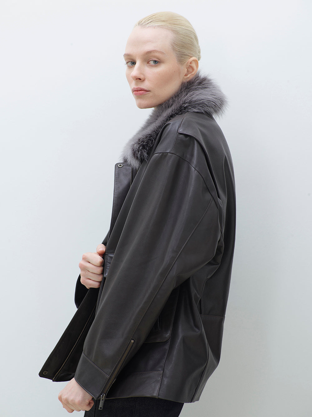 Leather Barn Jacket with Detachable Fur Collar