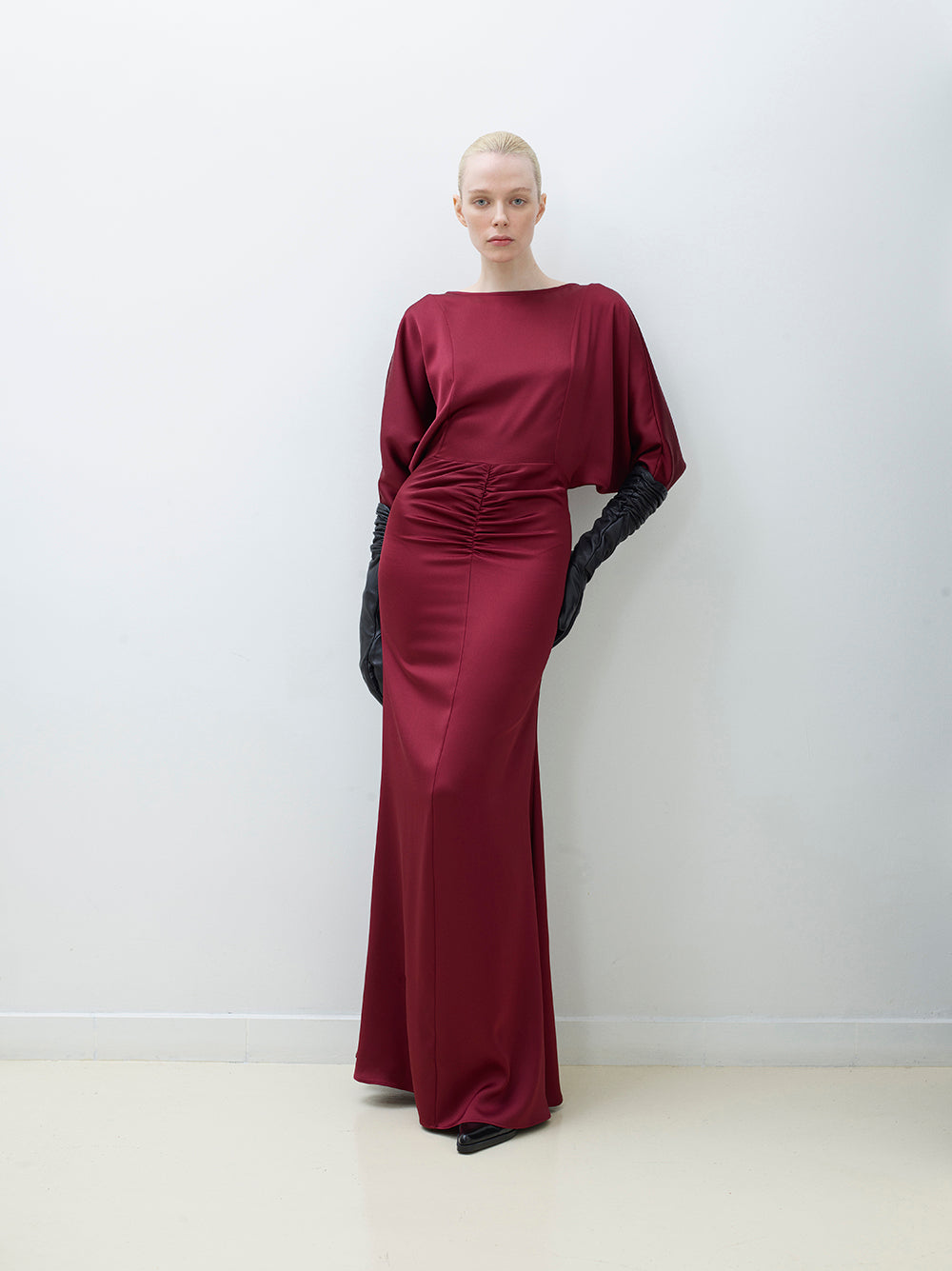 V-Back Draped Satin Dress