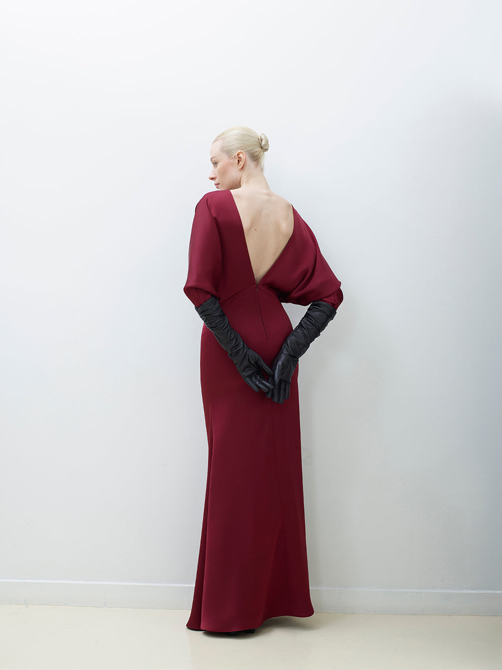 V-Back Draped Satin Dress