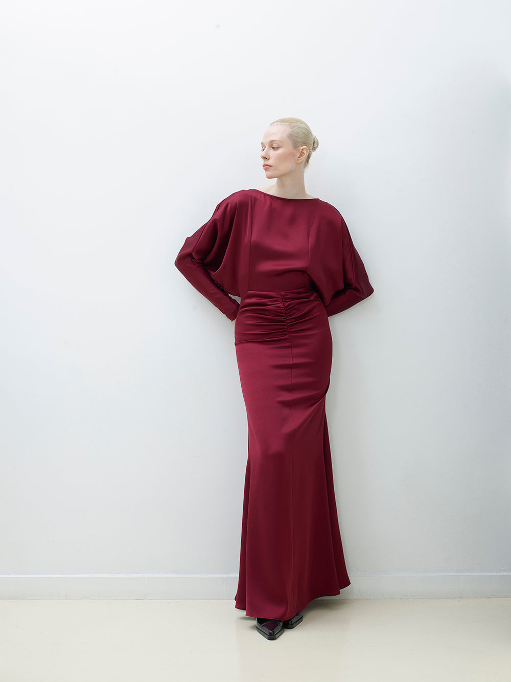V-Back Draped Satin Dress