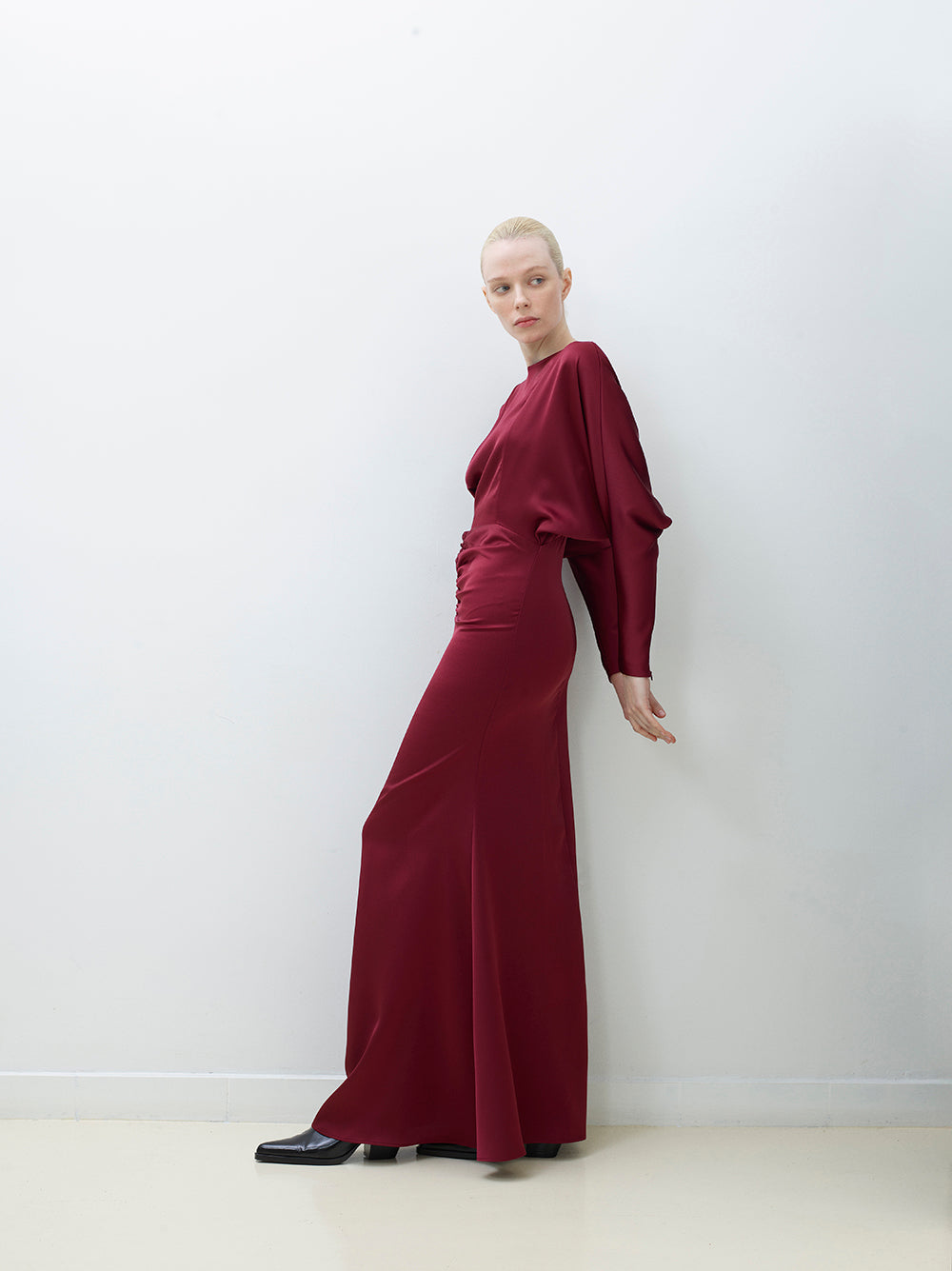 V-Back Draped Satin Dress