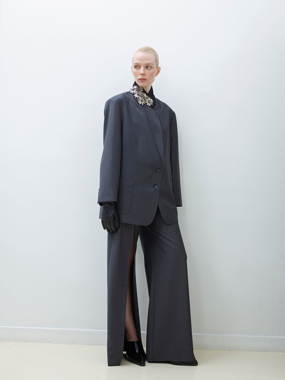 Wide-Leg Slit Wool Pants