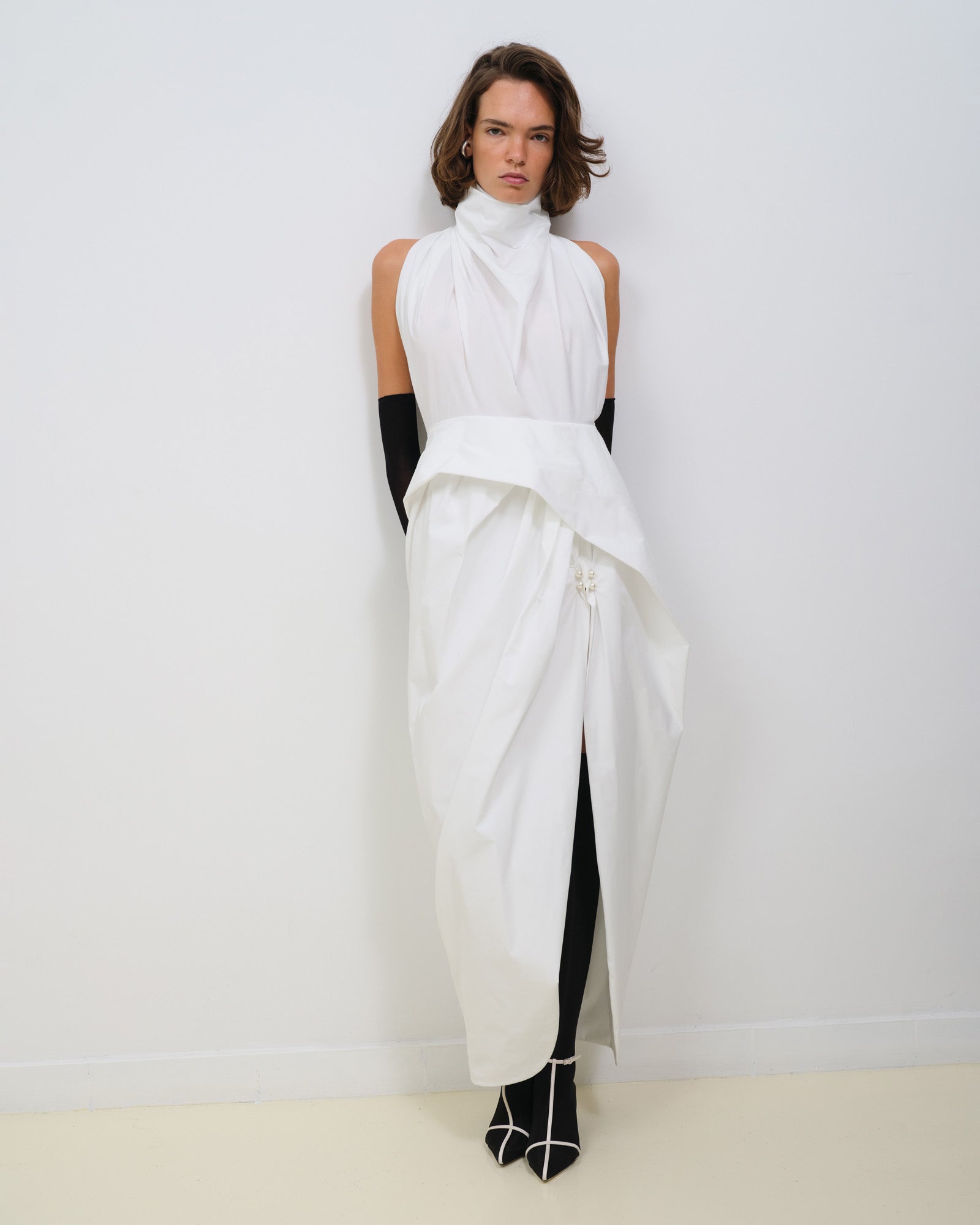 DRAPED MAXI DRESS WITH PEARL BUTTONS