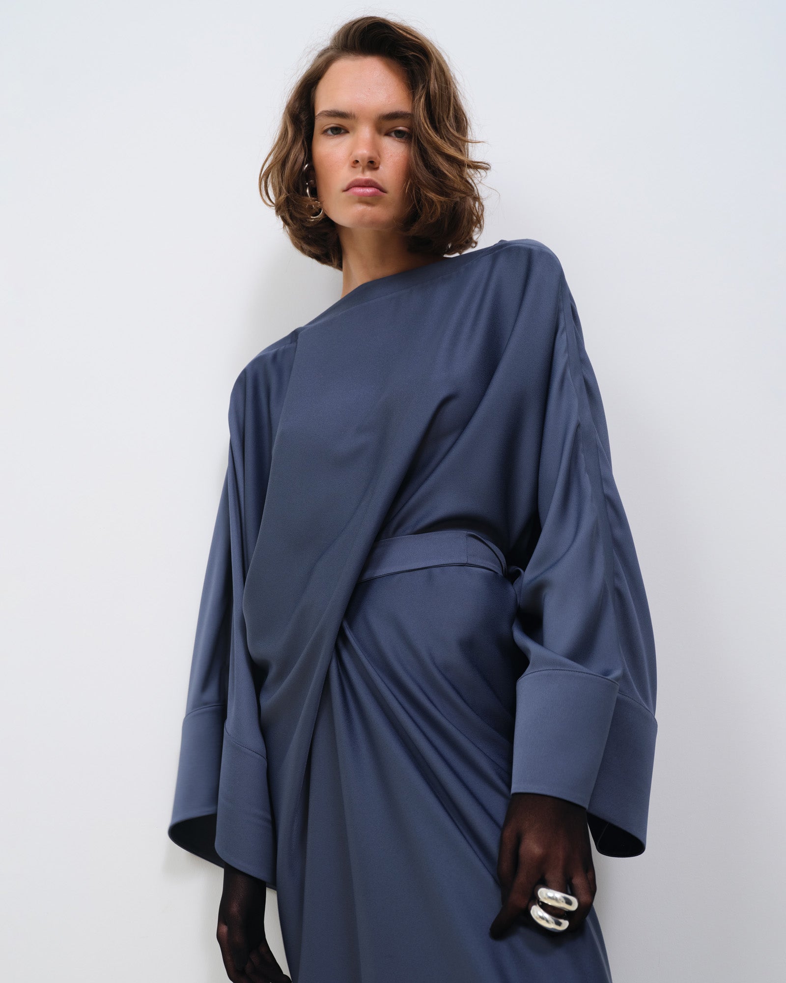 DRAPED SILKY SATIN DRESS