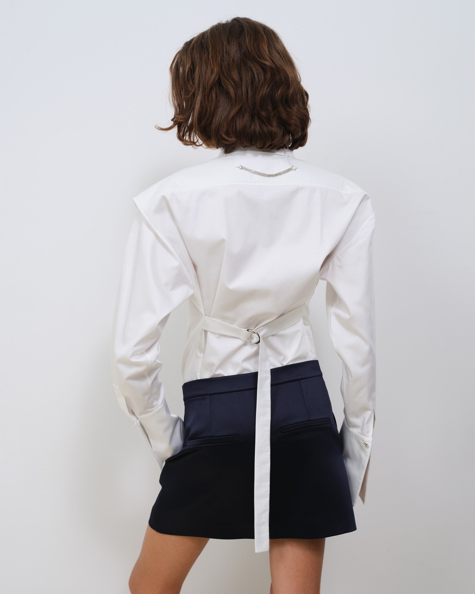SATIN SHIRT WITH SHOULDER PADS AND BELT WITH BUCKLE