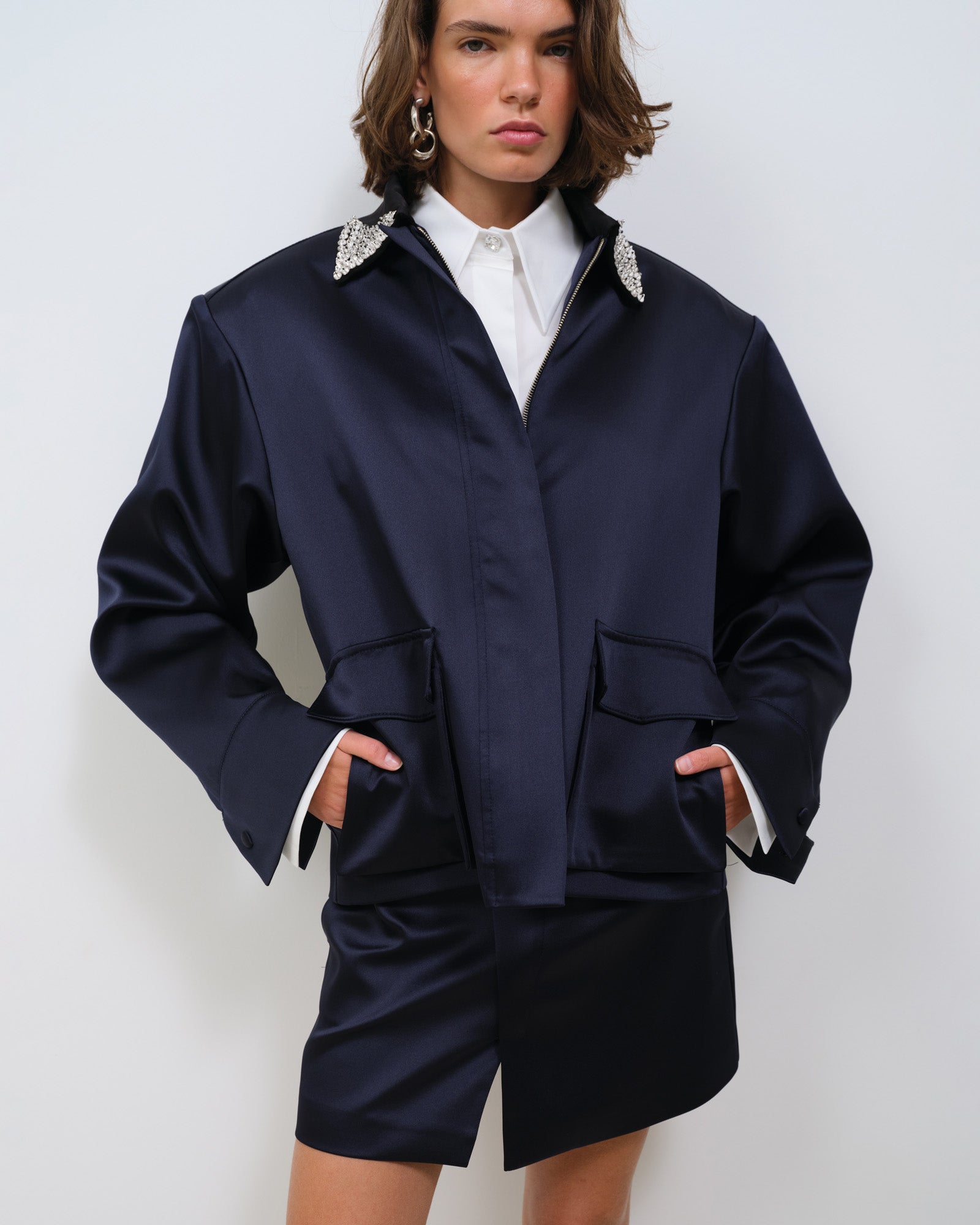 SATIN JACKET WITH EMBELLISHED COLLAR