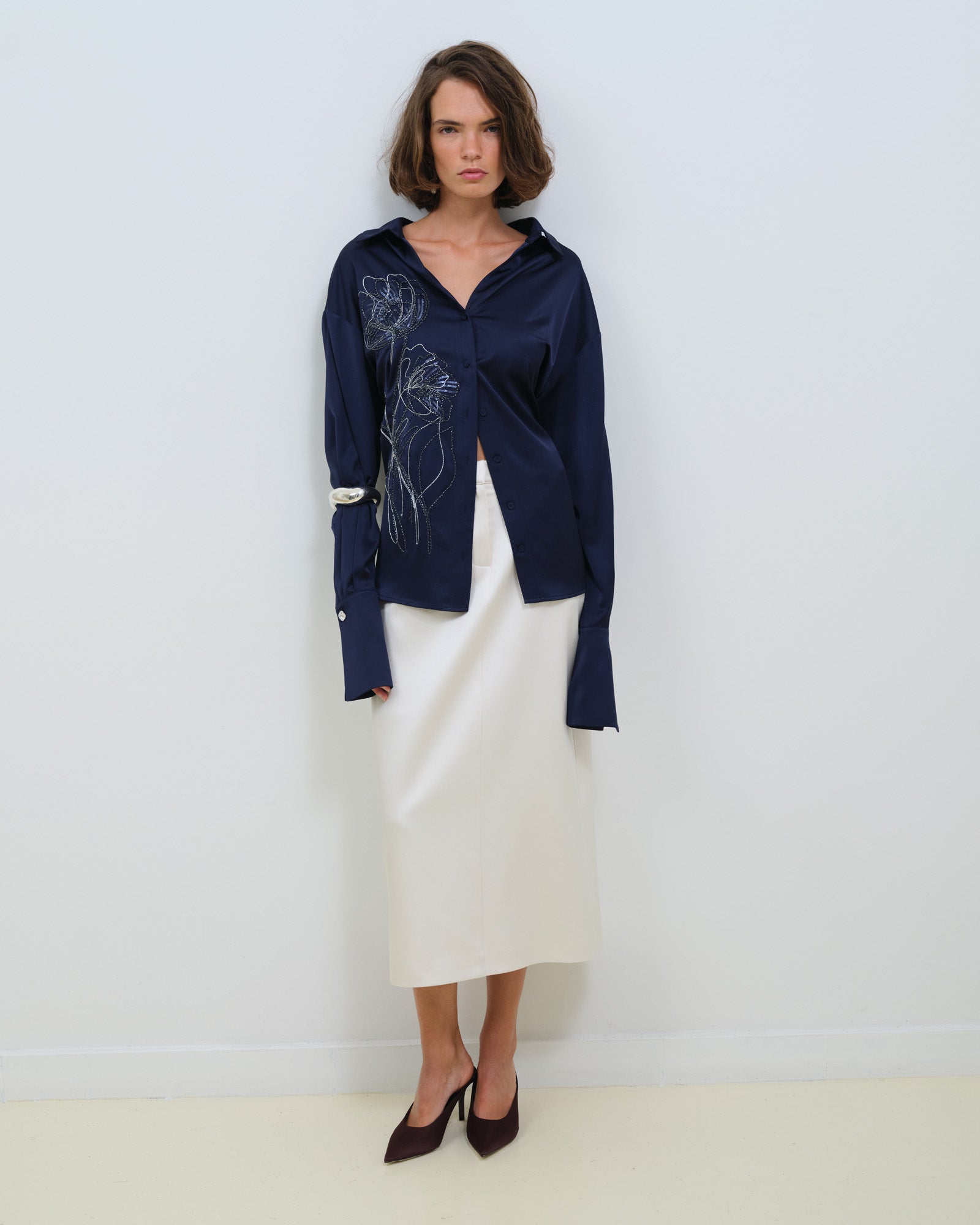 SILKY SATIN SHIRT WITH EMBROIDERY