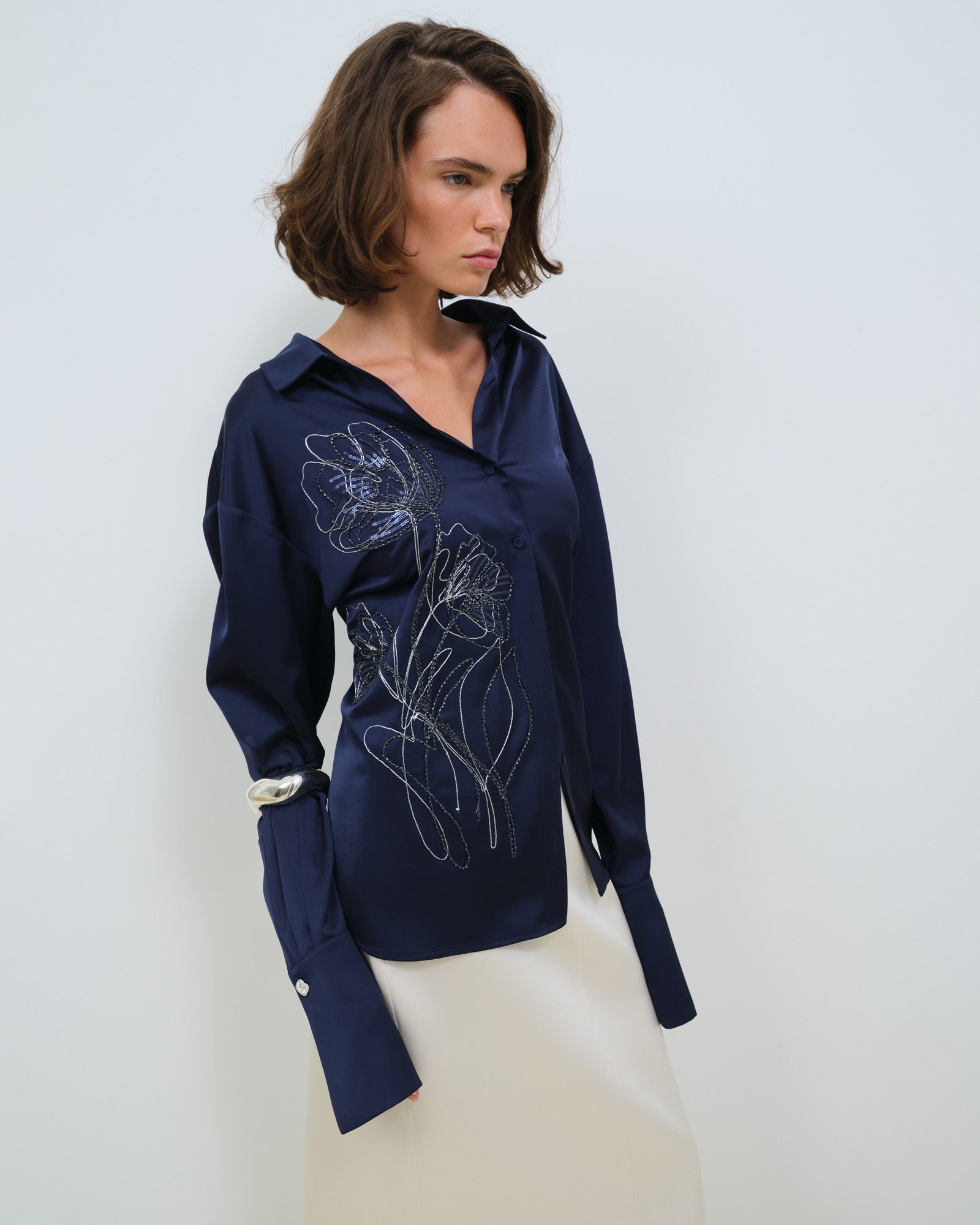 SILKY SATIN SHIRT WITH EMBROIDERY