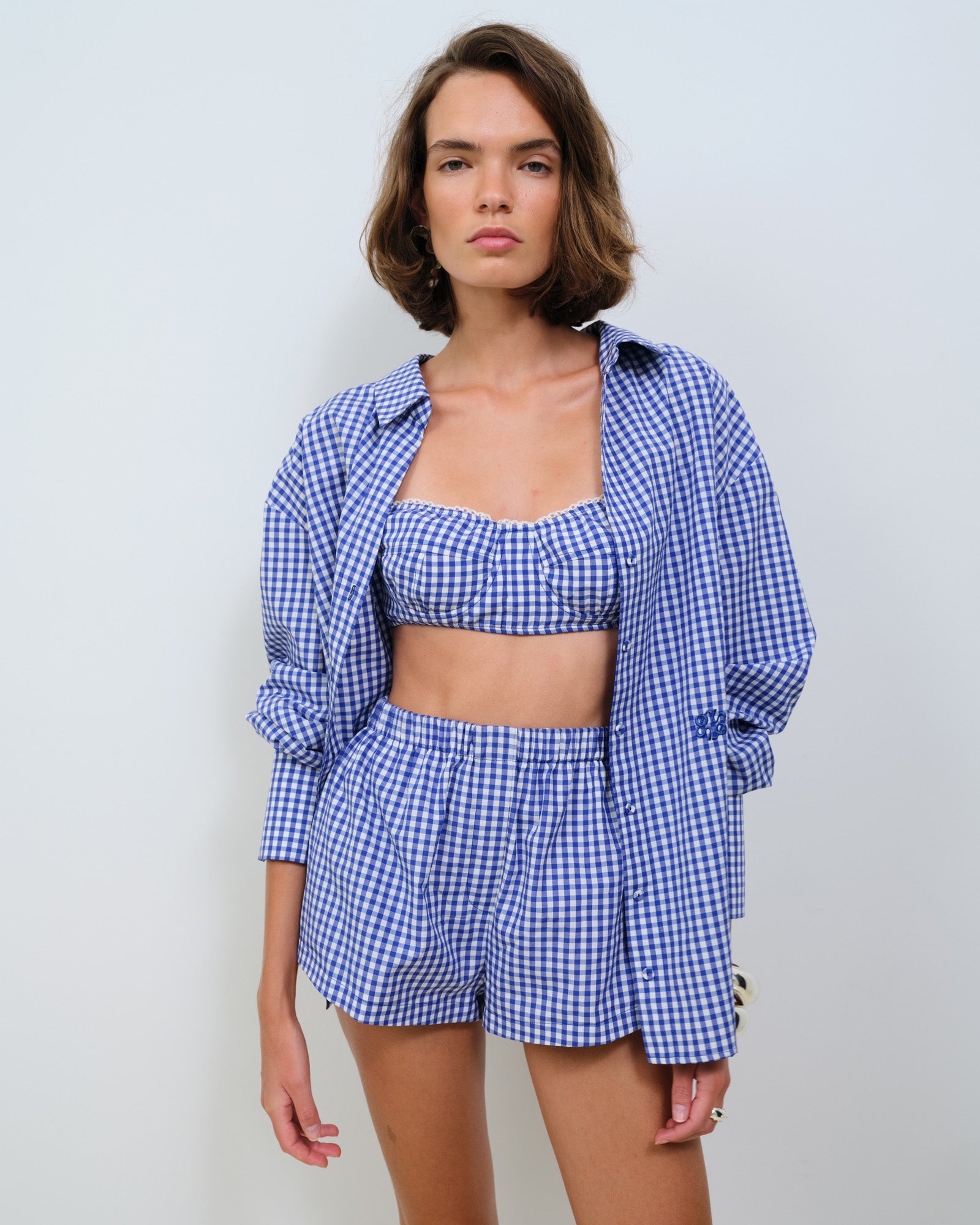 POPLIN GINGHAM BOXER SHORTS WITH LACE TRIM