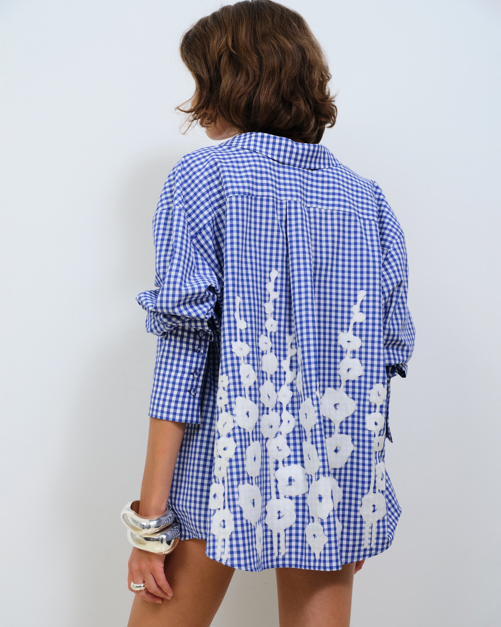 POPLIN GINGHAM OVERSIZED SHIRT WITH EMBROIDERY