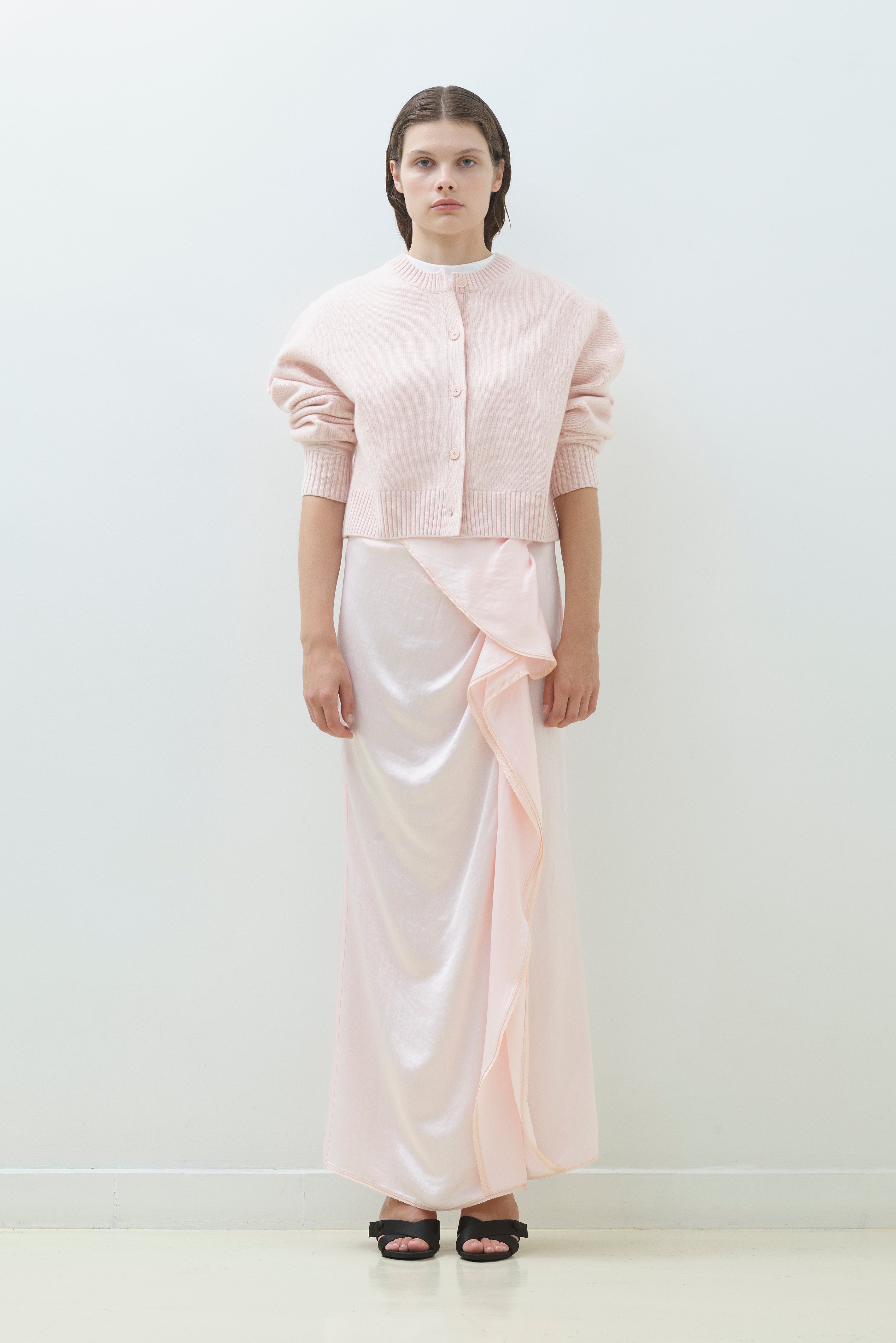 RUFFLE FRONT SLIT MAXI TUBE SKIRT