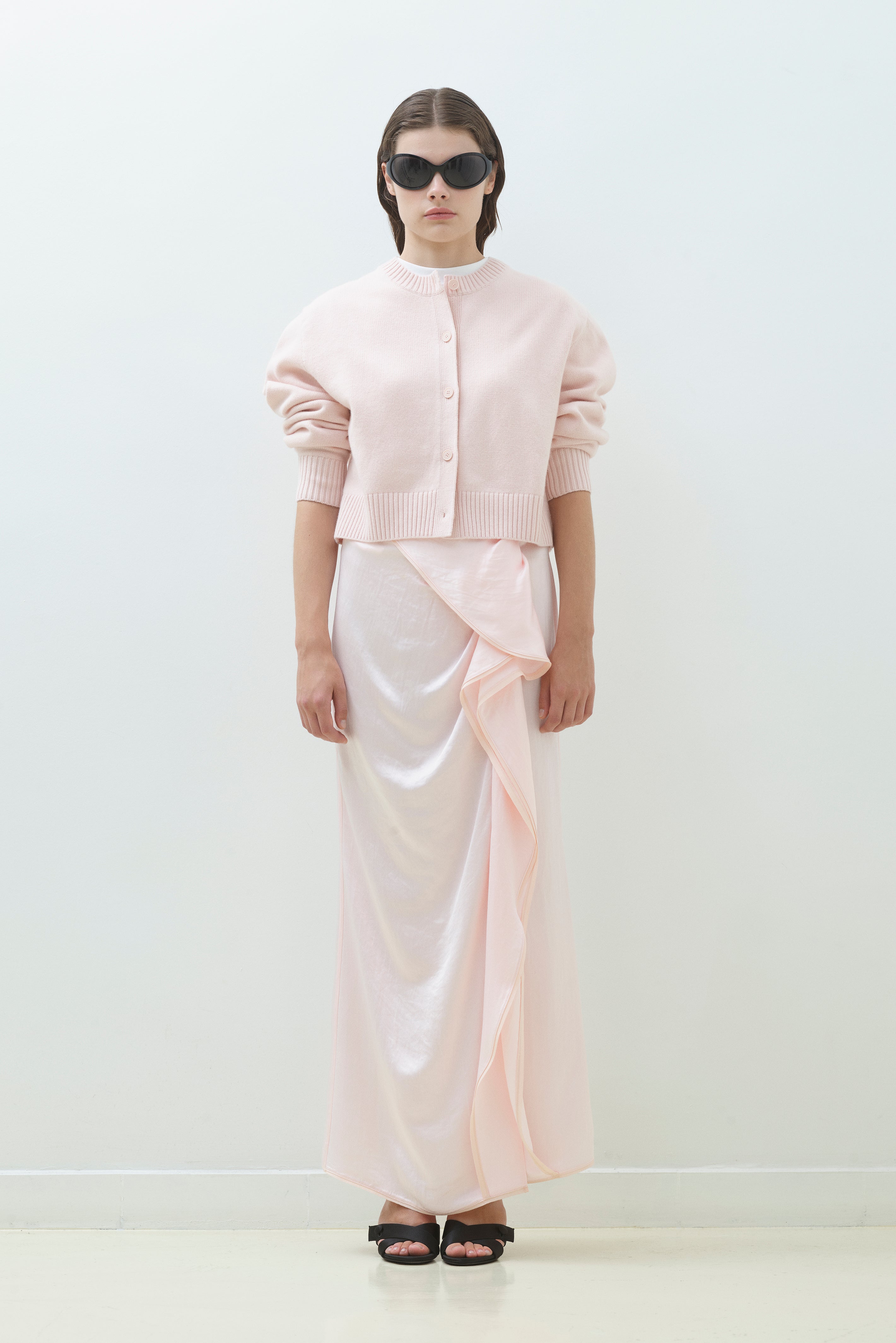 RUFFLE FRONT SLIT MAXI TUBE SKIRT