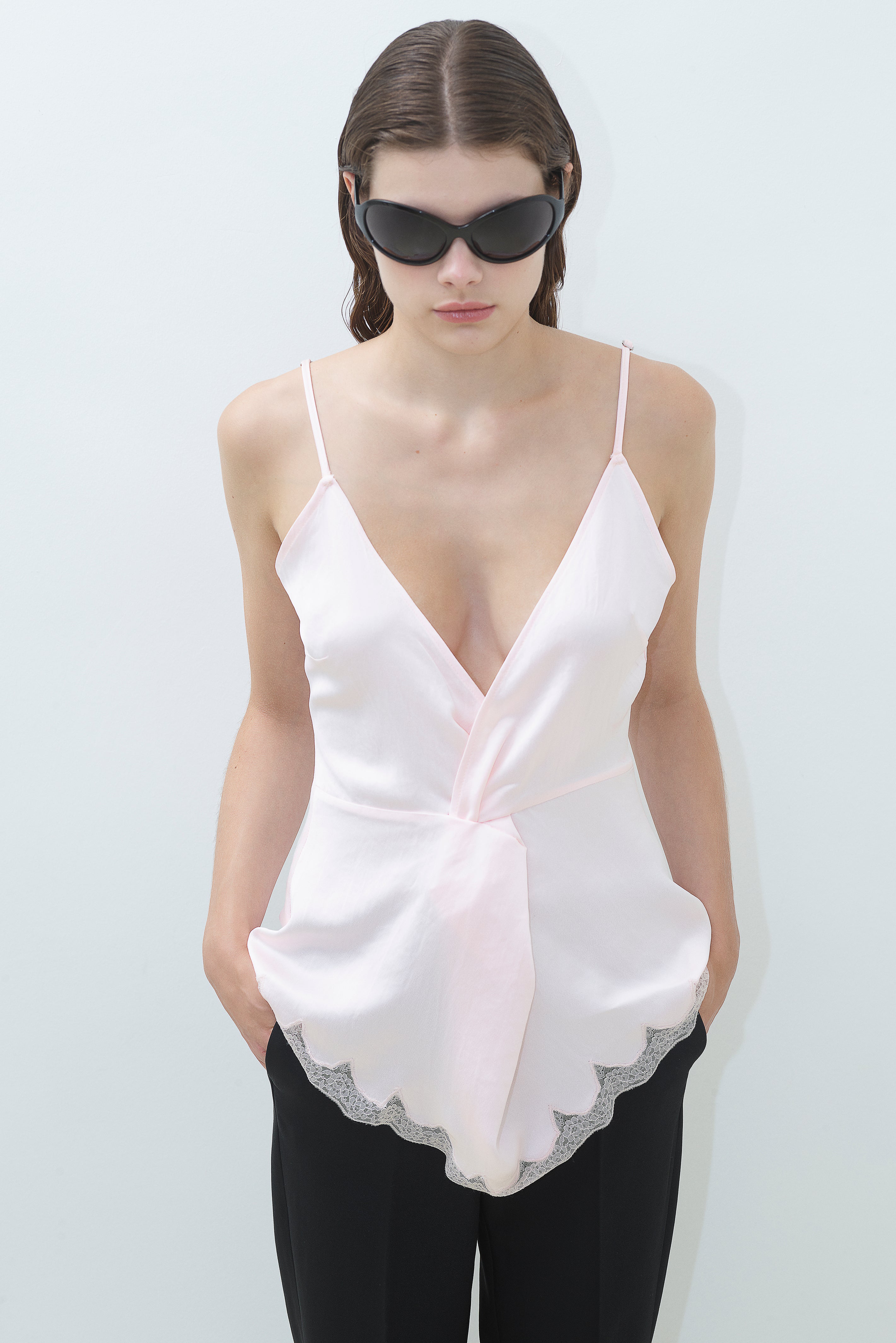 LACE TRIM SATIN KNOT BLOUSE