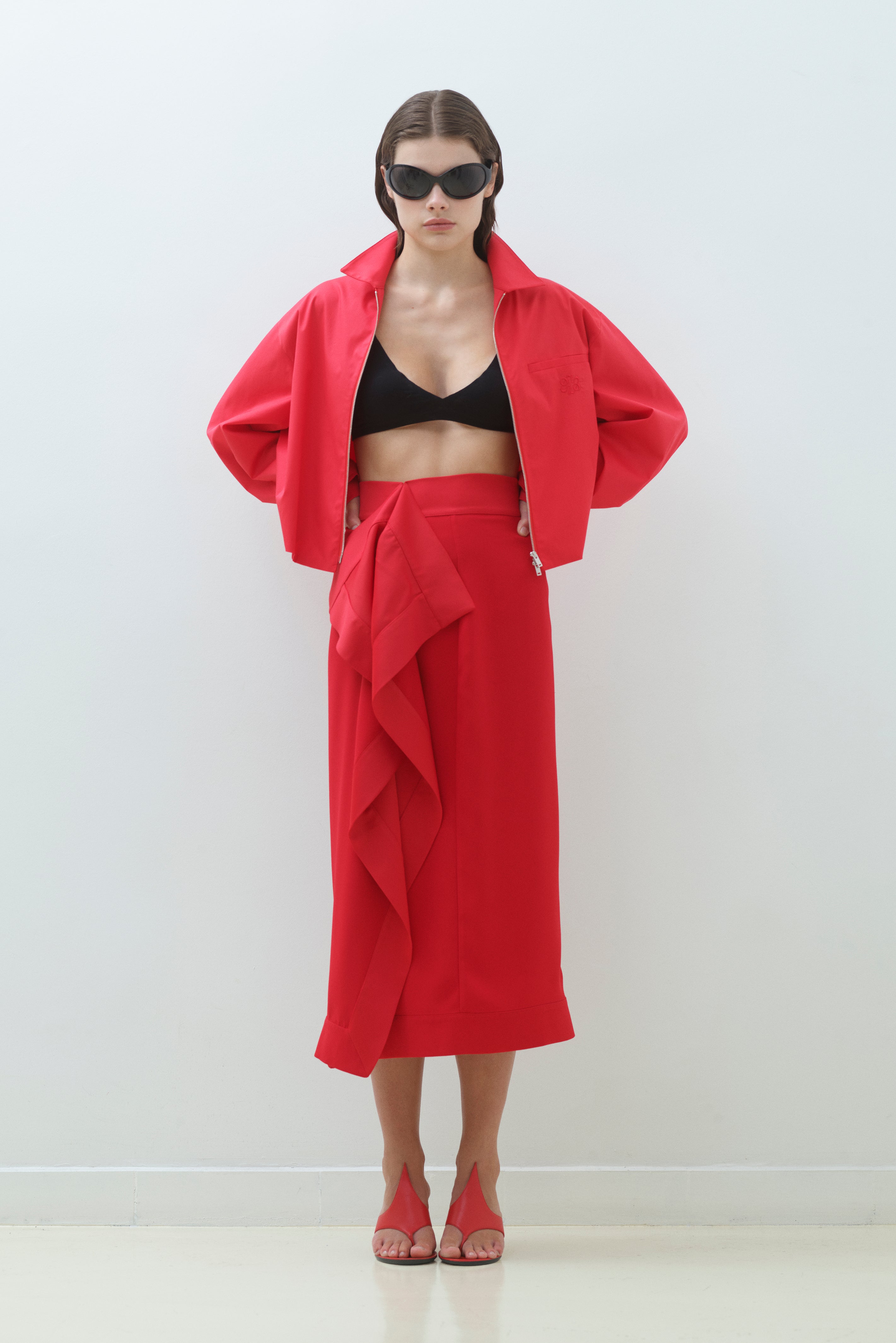 MATTE SATIN CREPE RUFFLE MIDI SKIRT