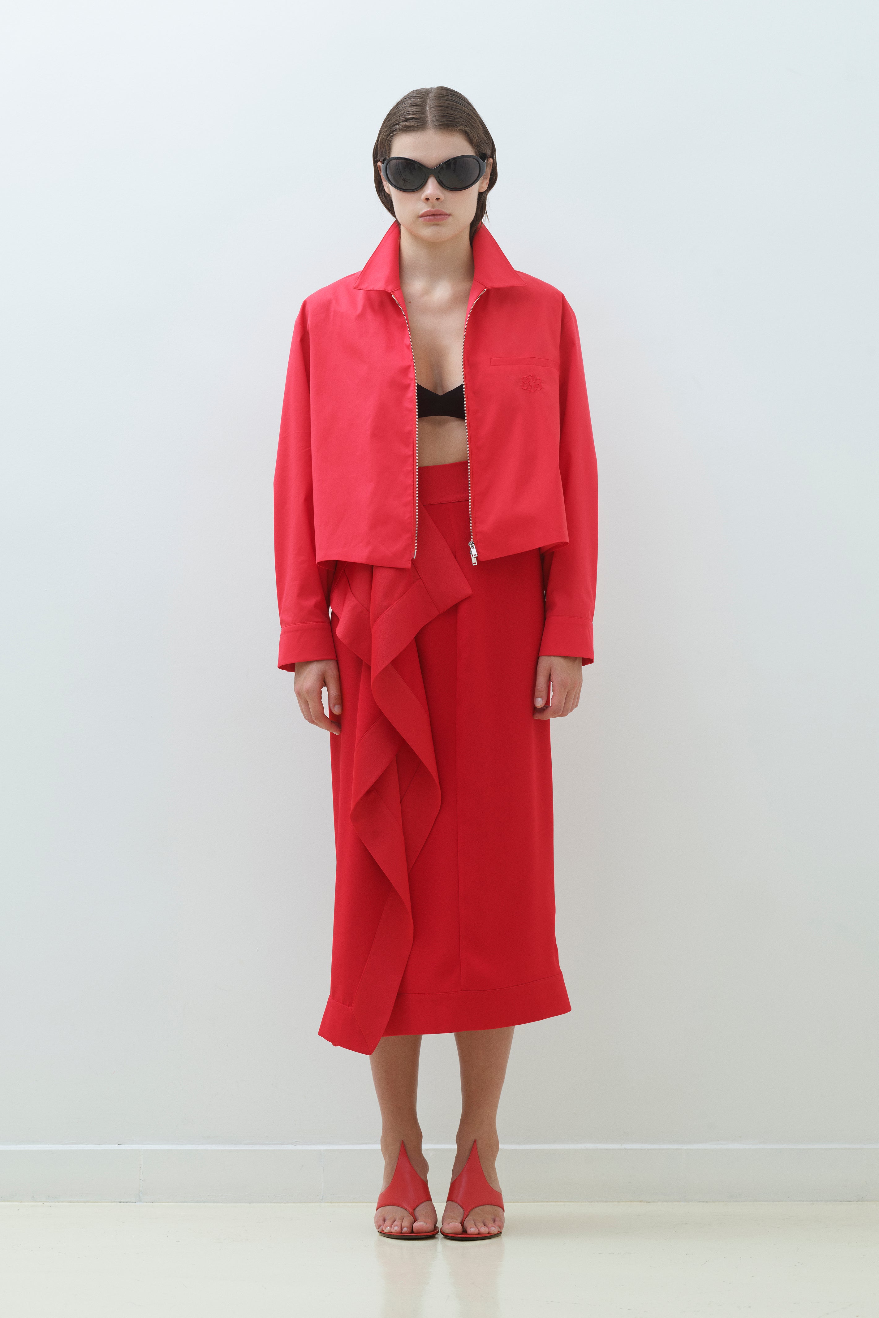 MATTE SATIN CREPE RUFFLE MIDI SKIRT