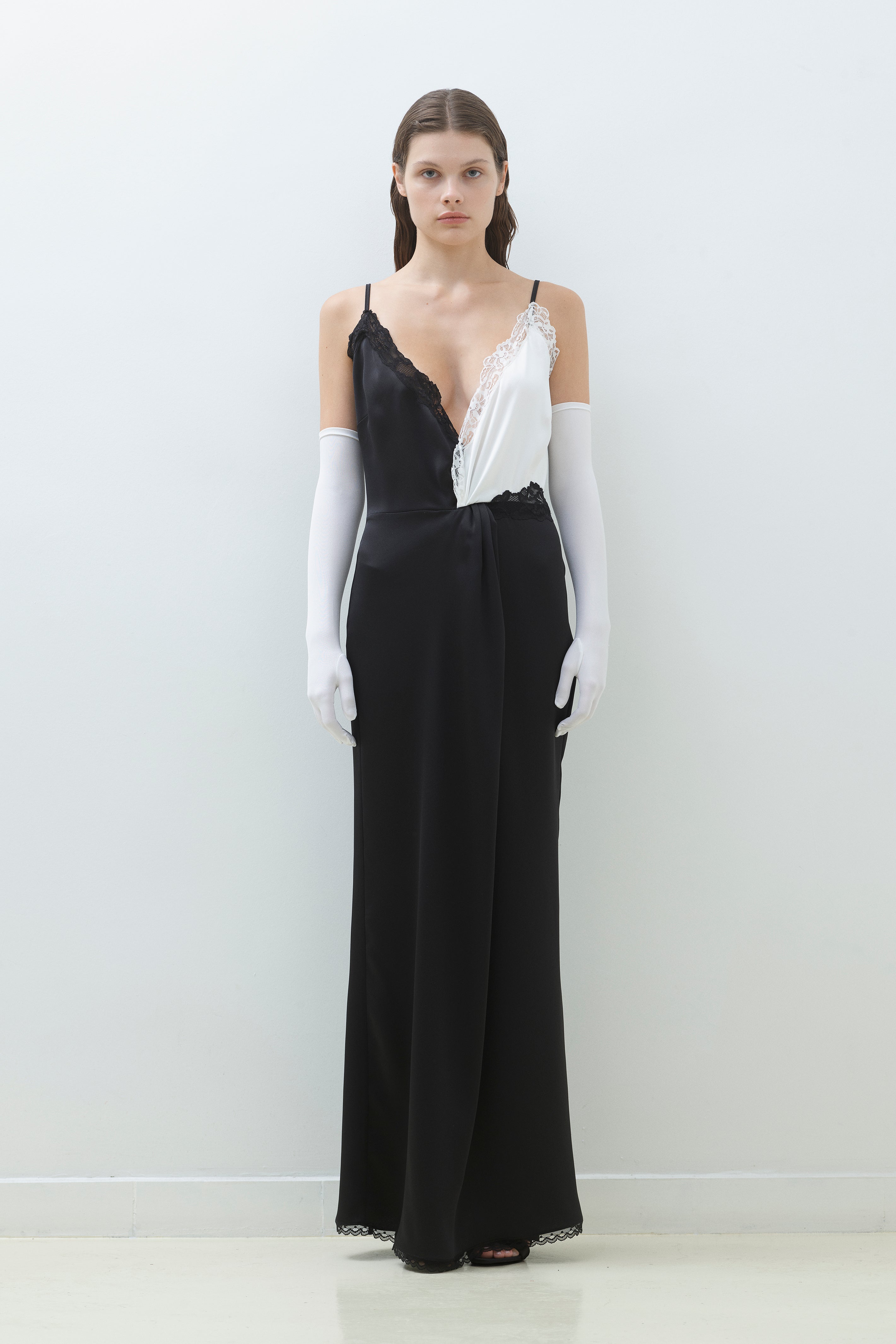 LACE TRIM SATIN KNOT MAXI DRESS