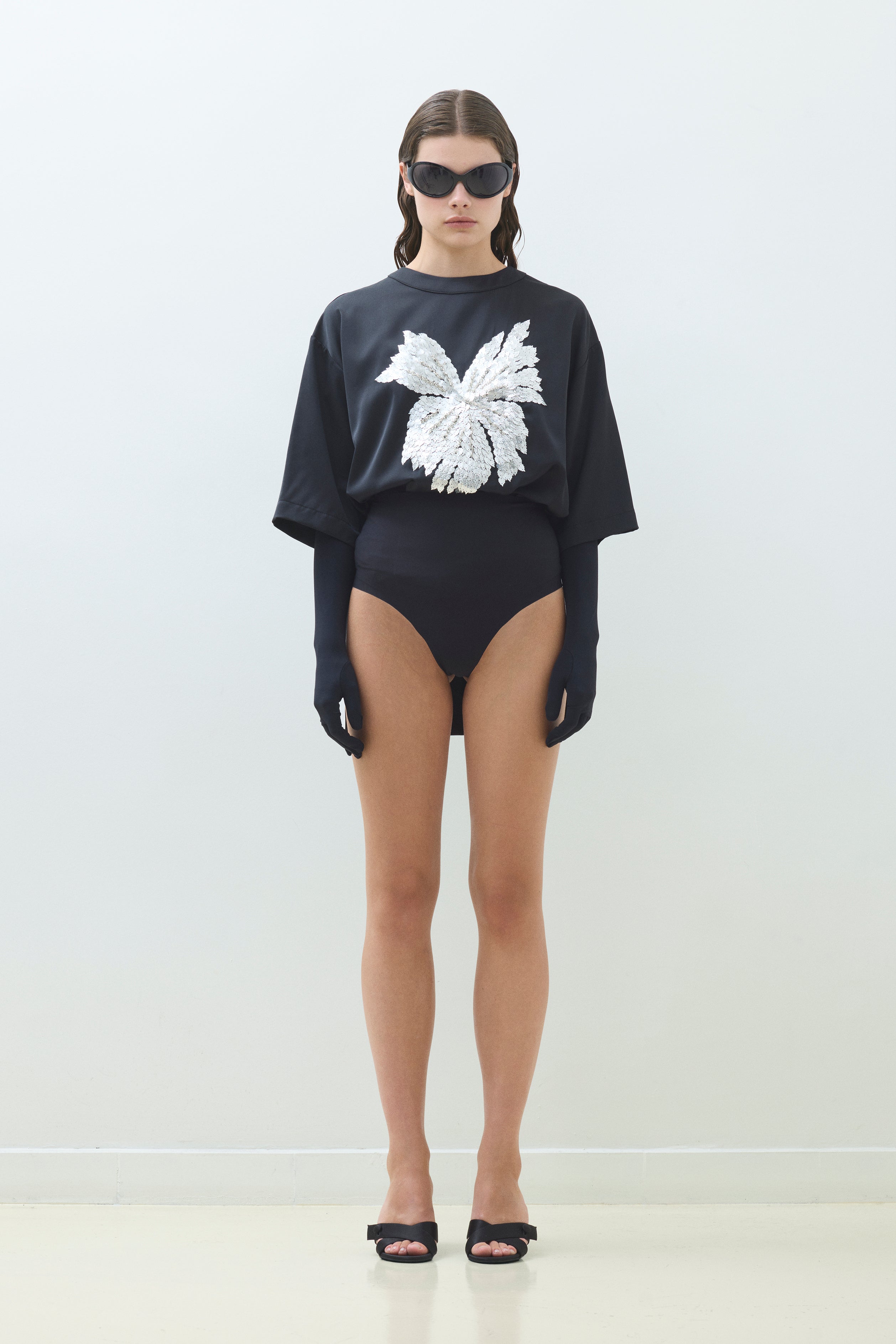 HAND EMBROIDERED SATIN OVERSIZE T-SHIRT WITH SIDE SLITS