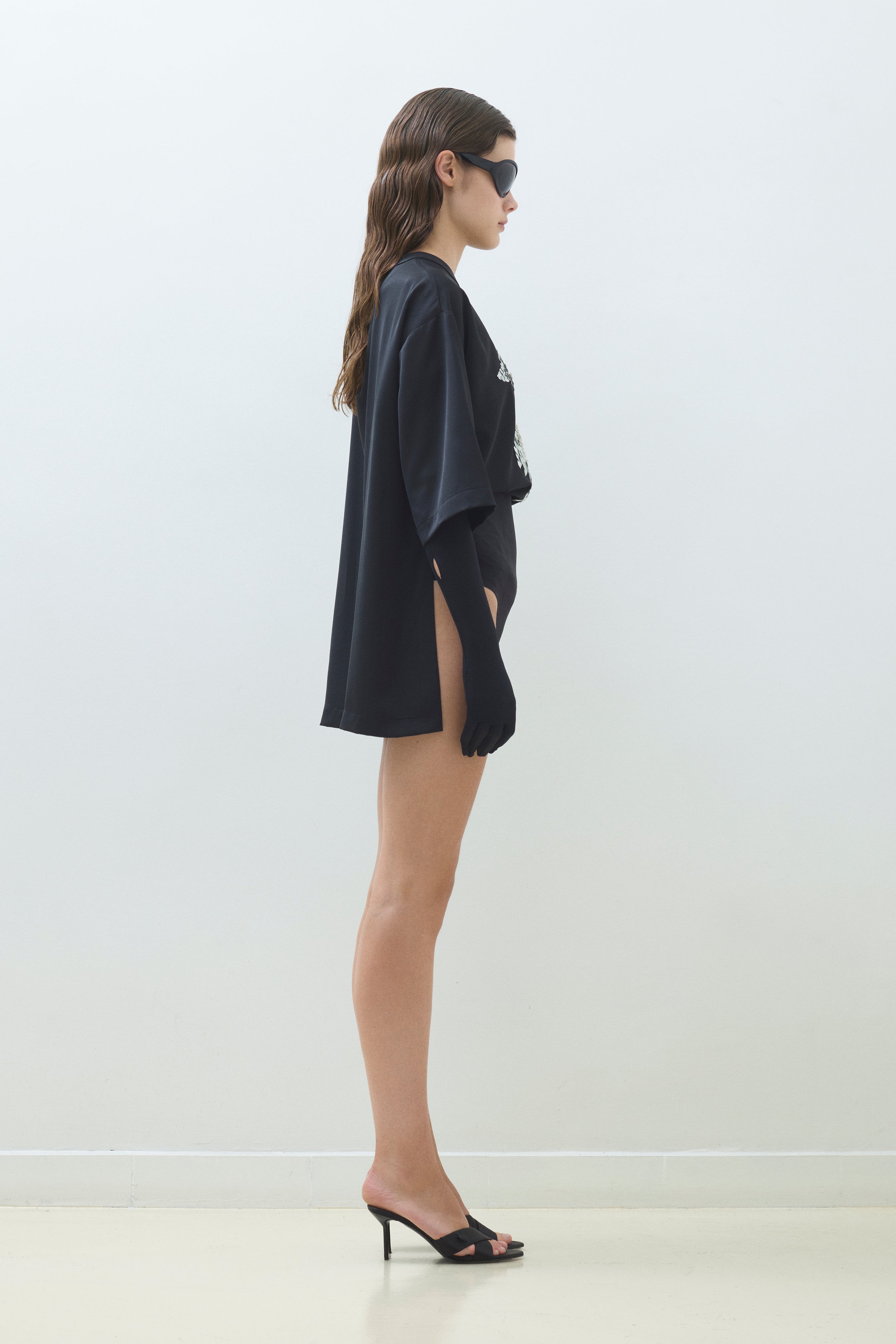 HAND EMBROIDERED SATIN OVERSIZE T-SHIRT WITH SIDE SLITS
