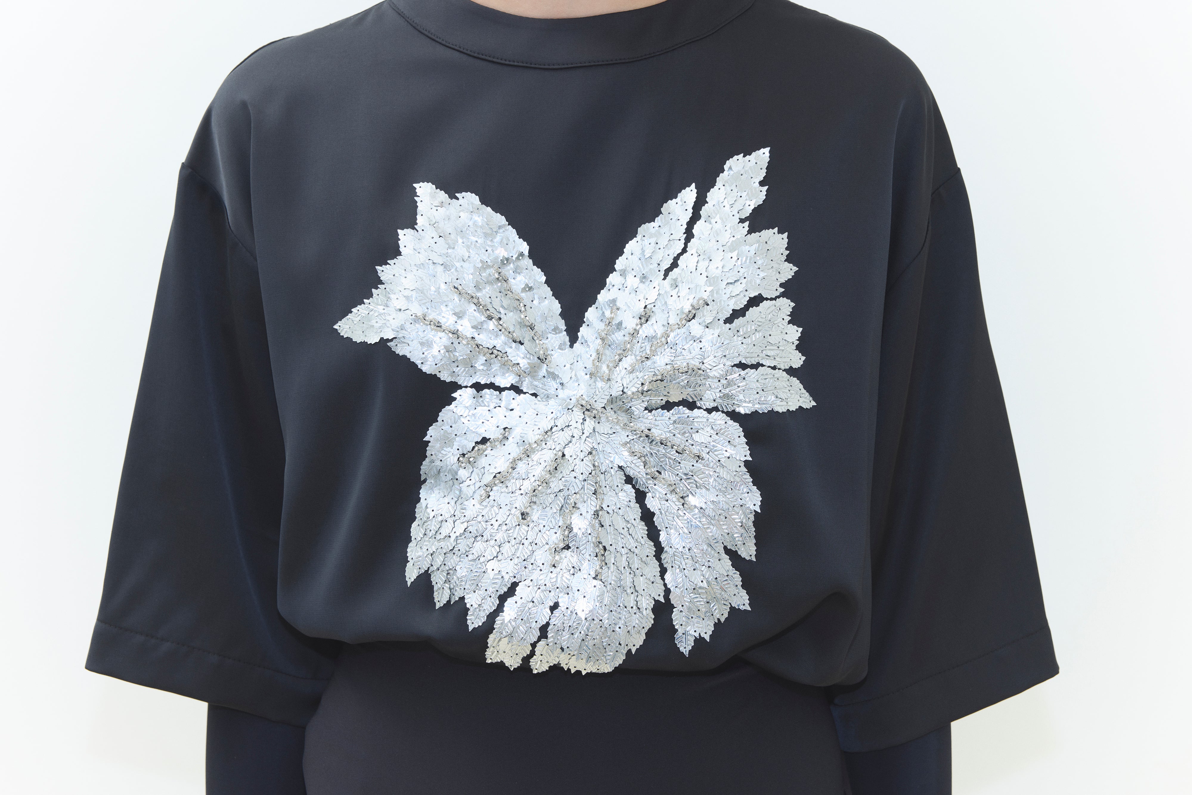 HAND EMBROIDERED SATIN OVERSIZE T-SHIRT WITH SIDE SLITS