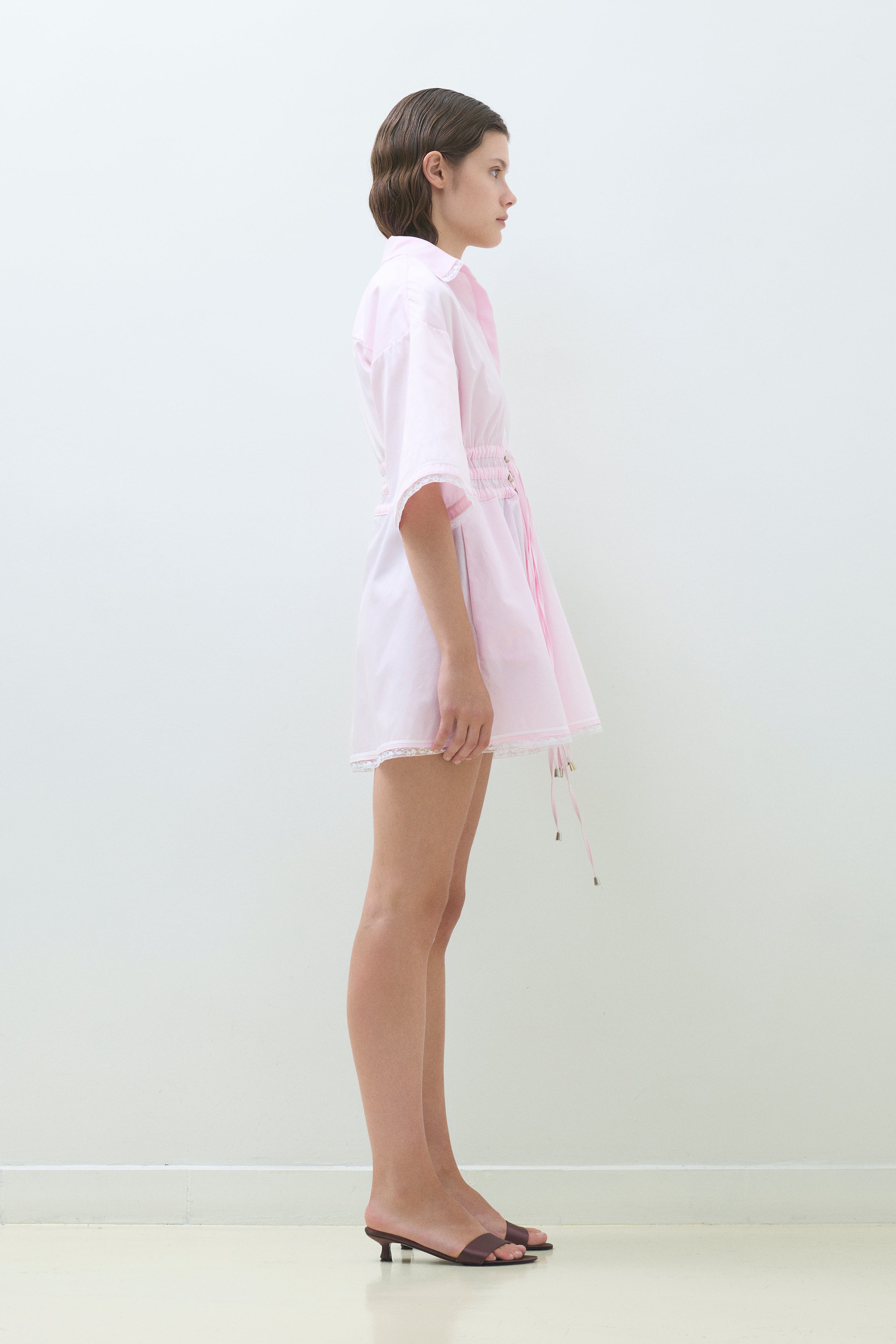 LACE TRIM MINI SHIRT DRESS WITH 3 DRAWSTRINGS