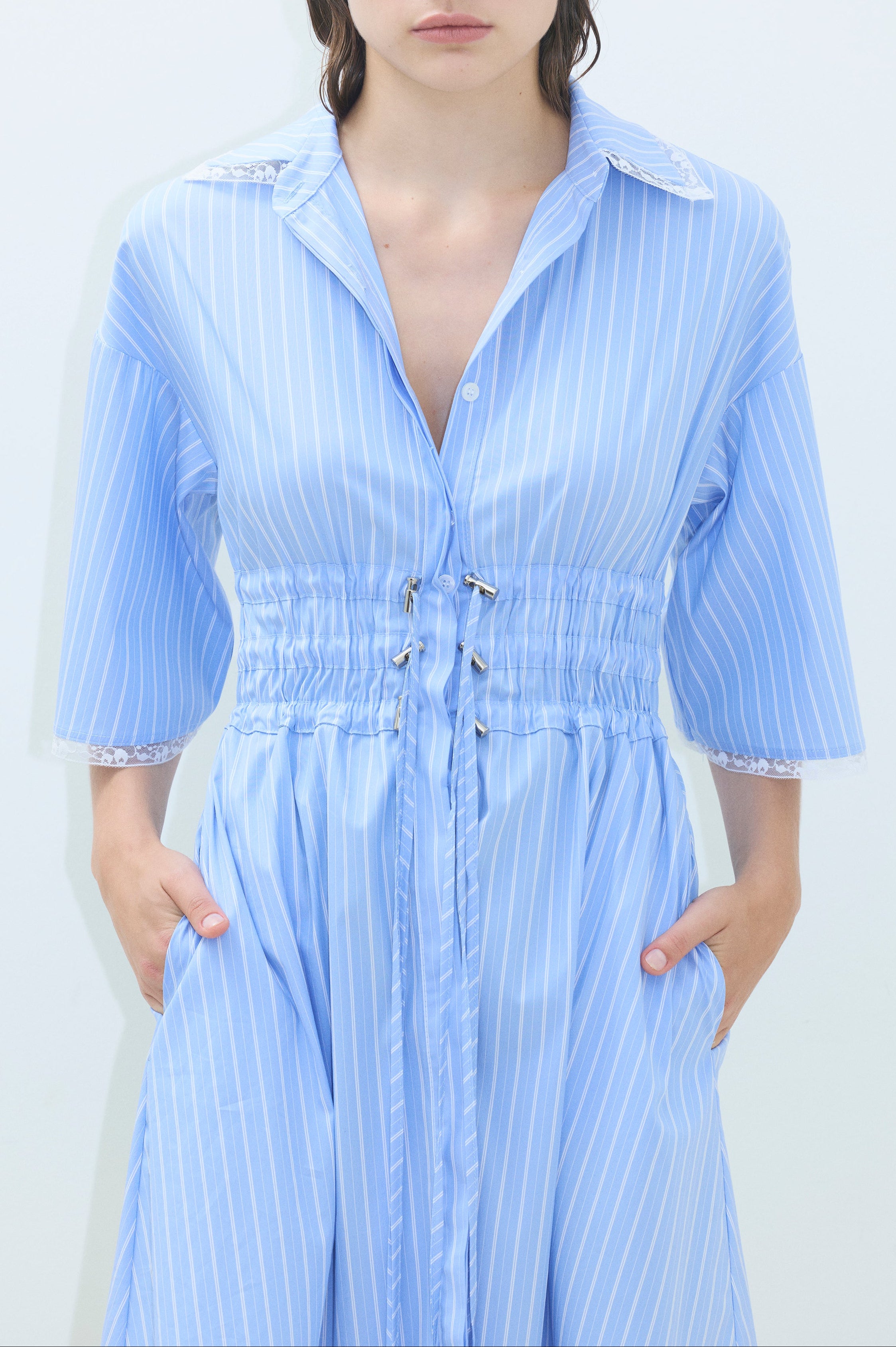 LACE TRIM MINI SHIRT DRESS WITH 3 DRAWSTRINGS