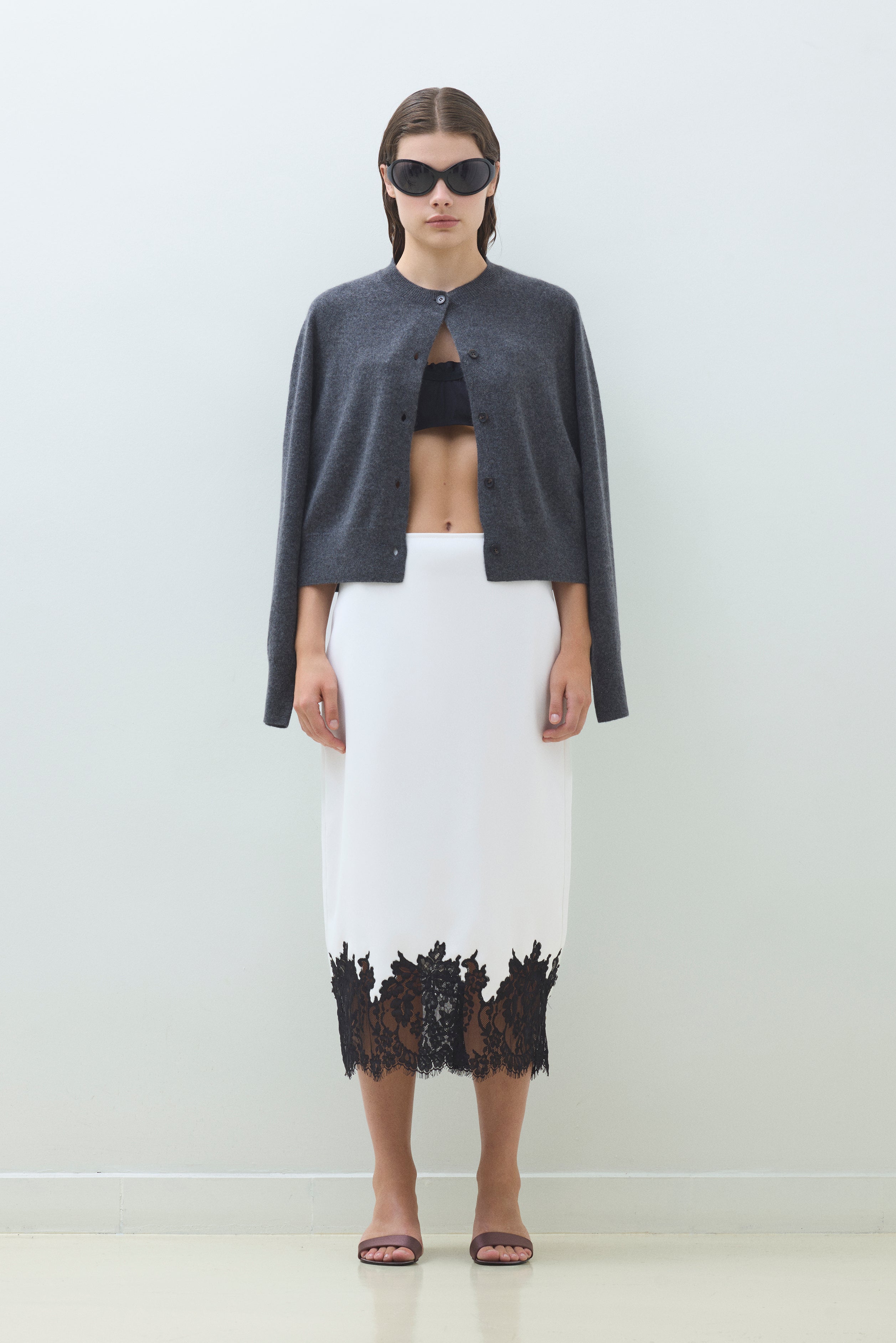 LACE HEM SATIN MIDI SKIRT