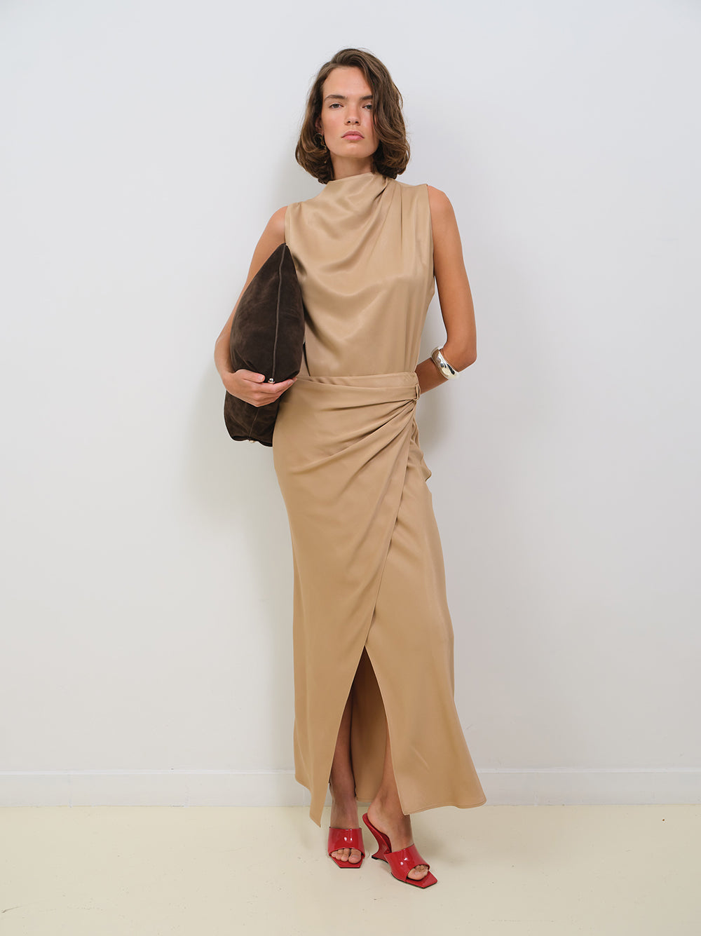 SILKY SATIN DRAPED SKIRT