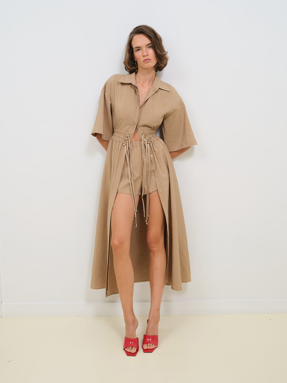 SHIRT DRESS WITH DRAWSTRINGS