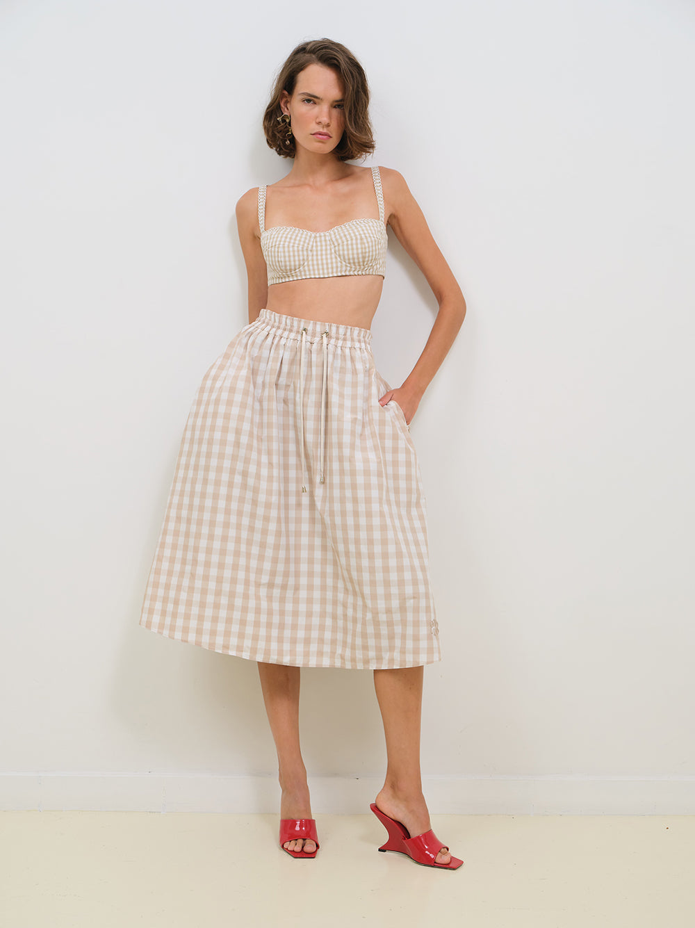 TECHNICAL GINGHAM SKIRT WITH ELASTIC WAISTBAND
