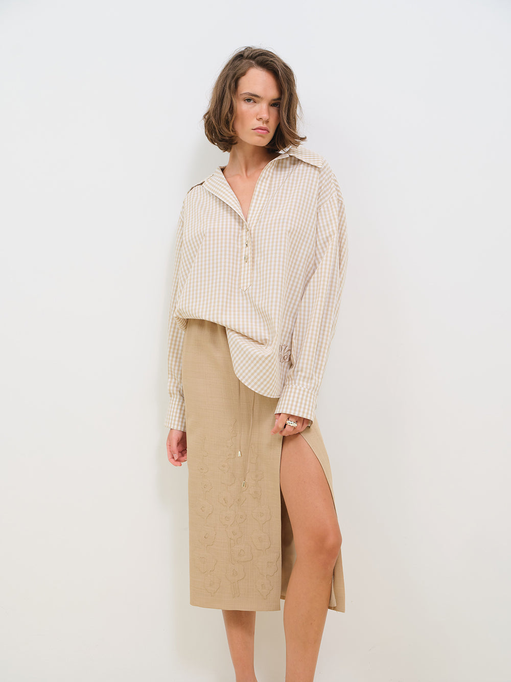 GINGHAM TUNIC SHIRT WITH EMBROIDERY