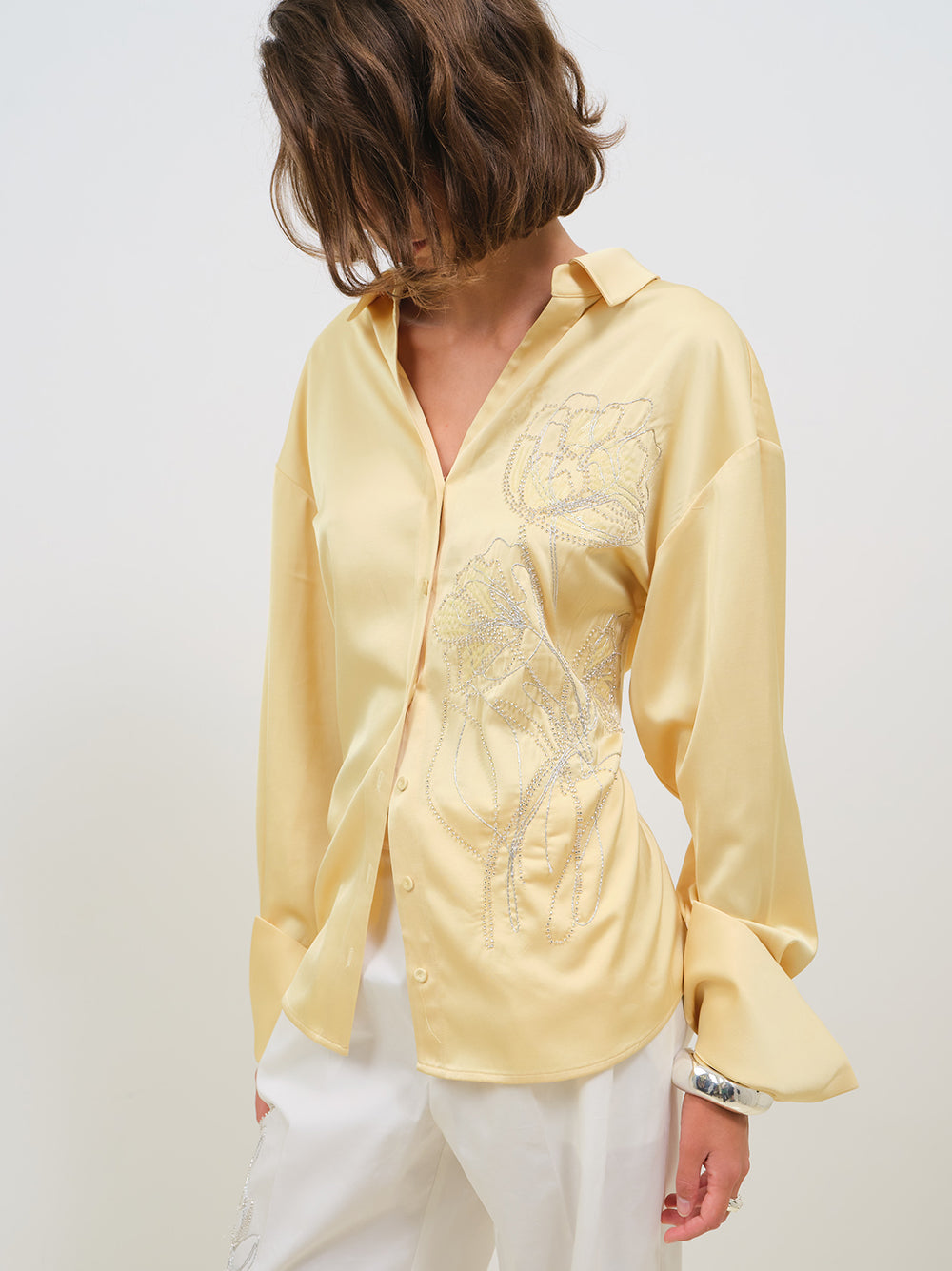 SILKY SATIN SHIRT WITH EMBROIDERY
