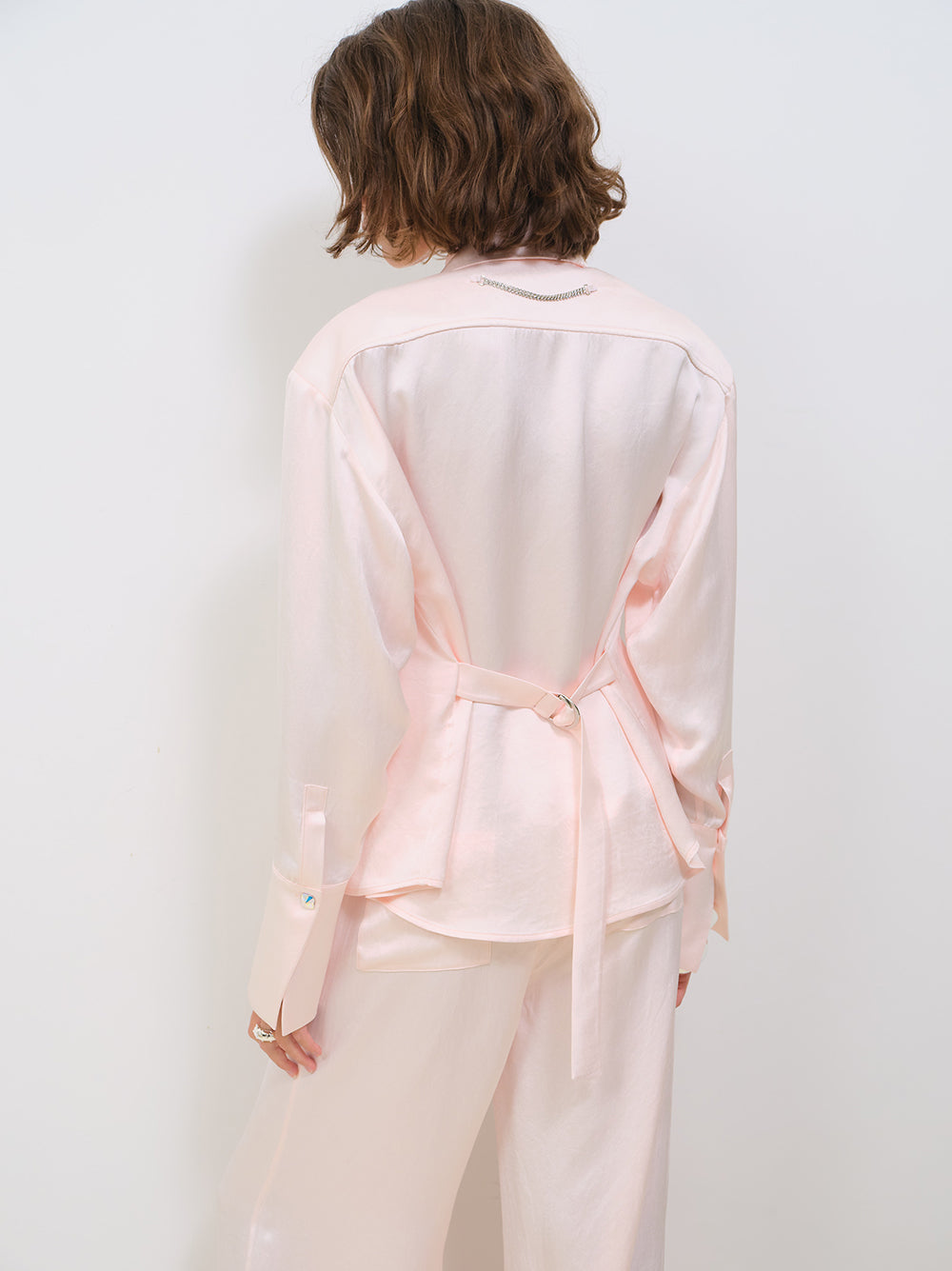 SATIN SHIRT WITH SHOULDER PADS AND BELT WITH BUCKLE