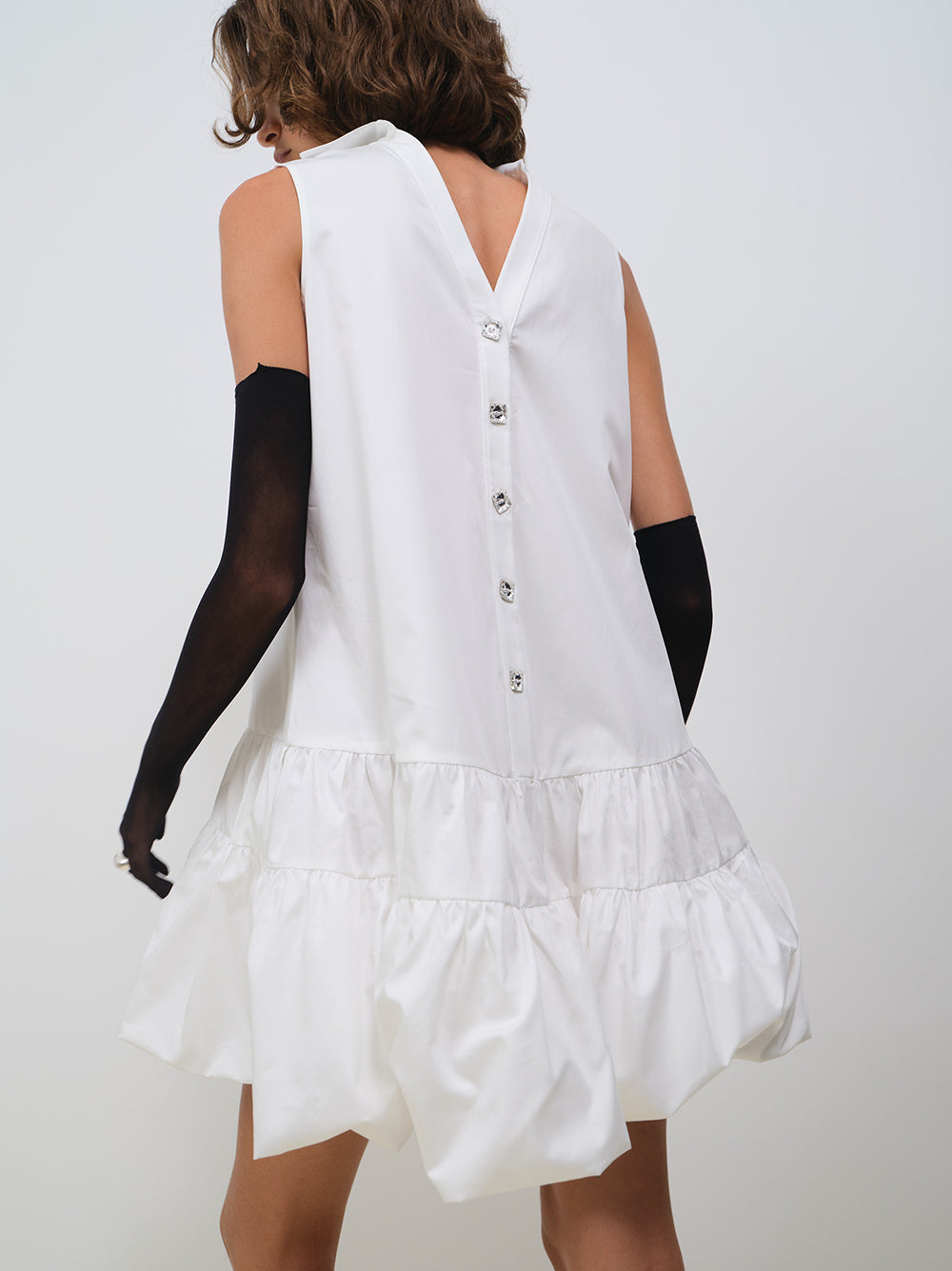 POPLIN DRESS WITH BUBBLE HEM AND CRYSTAL BUTTONS