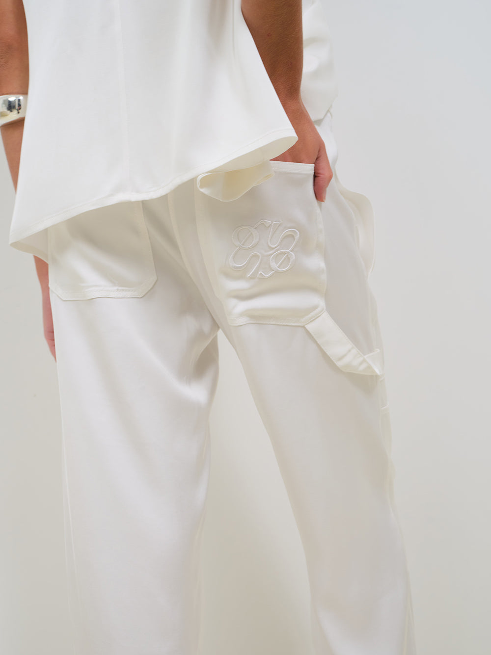 SATIN CARGO PANTS WITH EMBROIDERY