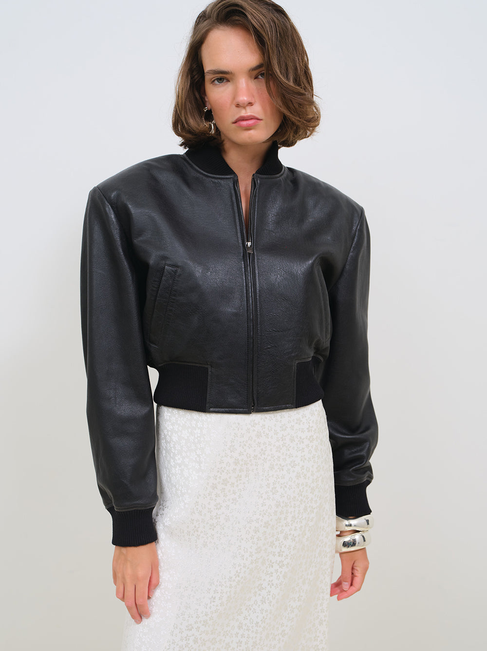 LEATHER CROPPED BOMBER JACKET WITH SHOULDER PADS