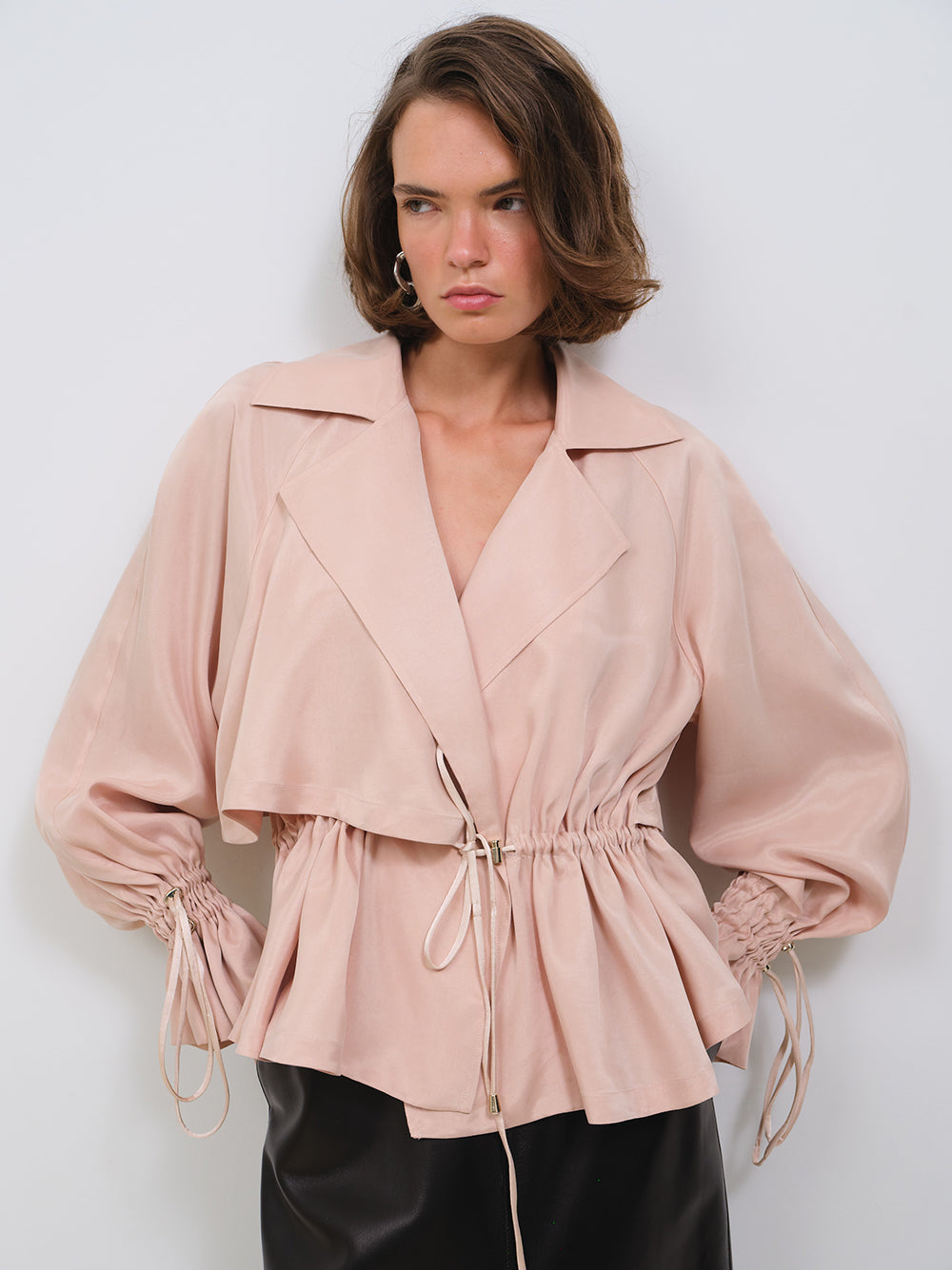 CUPRO SHORT TRENCH COAT WITH DRAWSTRINGS