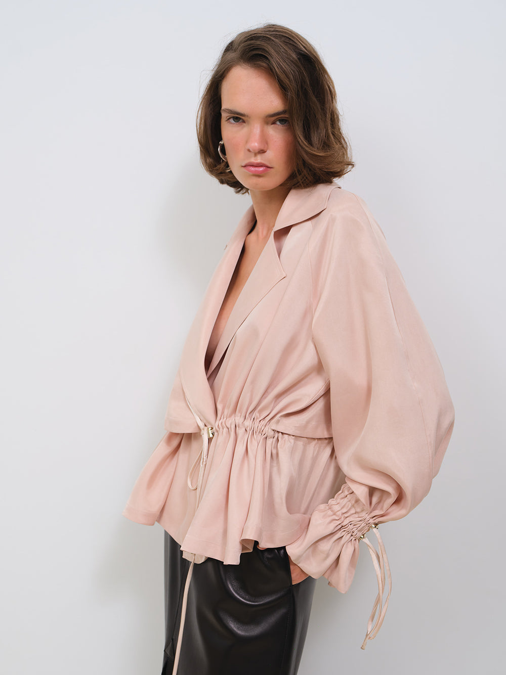 CUPRO SHORT TRENCH COAT WITH DRAWSTRINGS