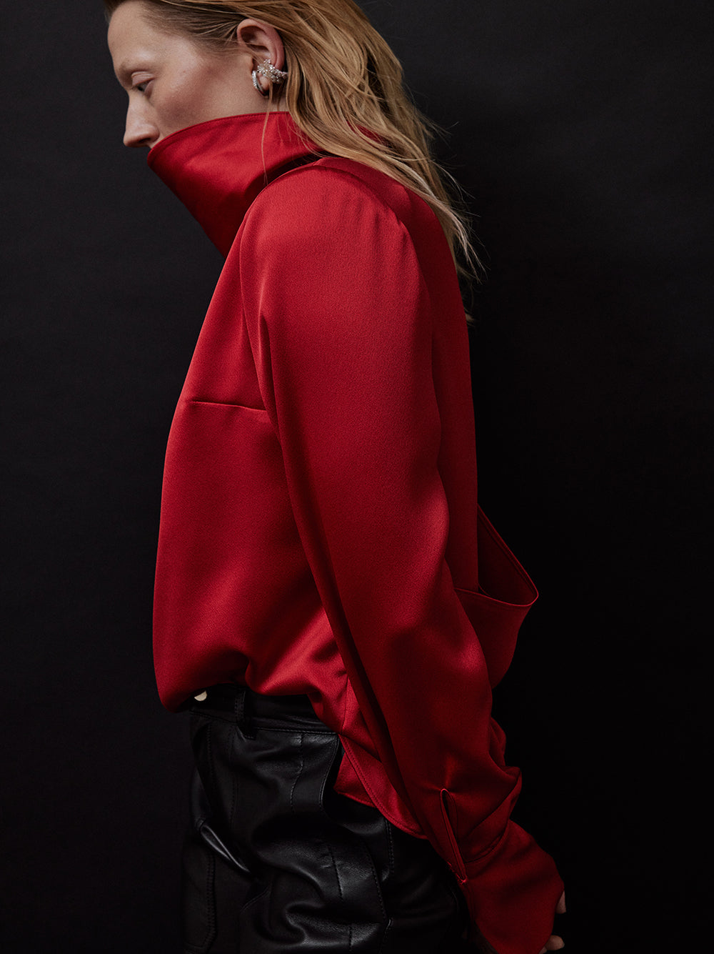 Satin High Collar Open Back Red Blouse