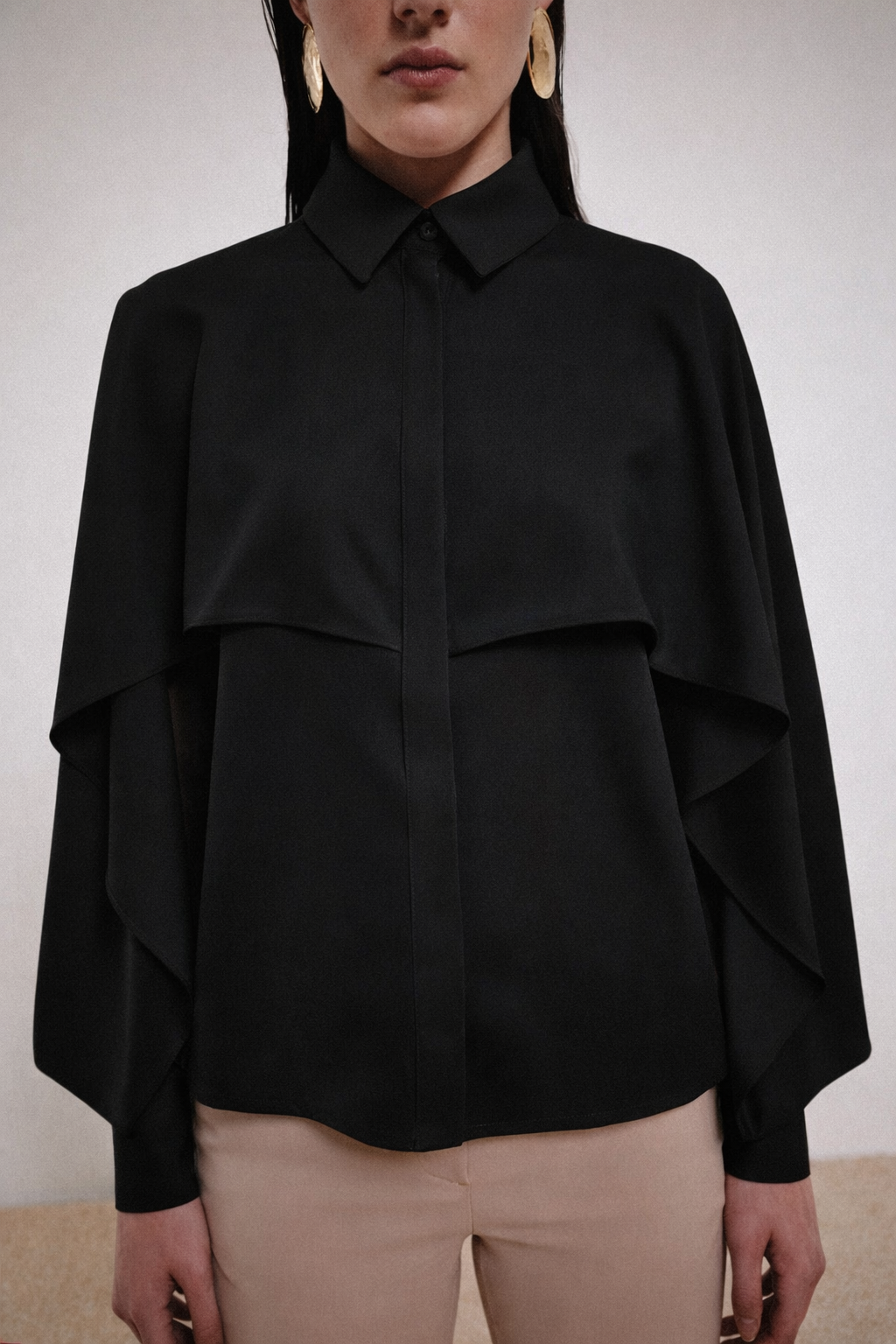 Silky Crepe Beige Shirt Bat-Wing Sleeves